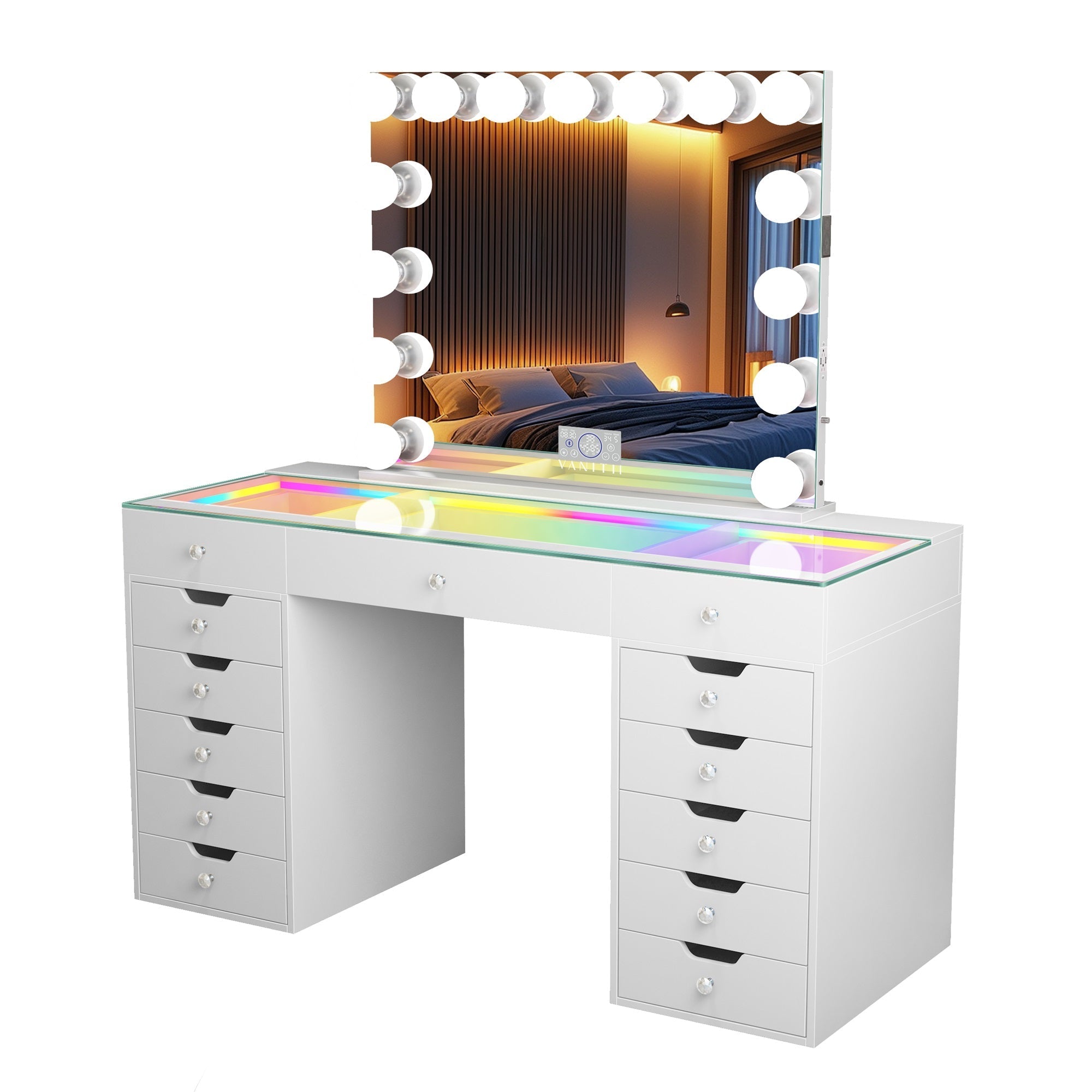 Eva-RGB Vanity Desk Set with 15 Bulbs Mirror