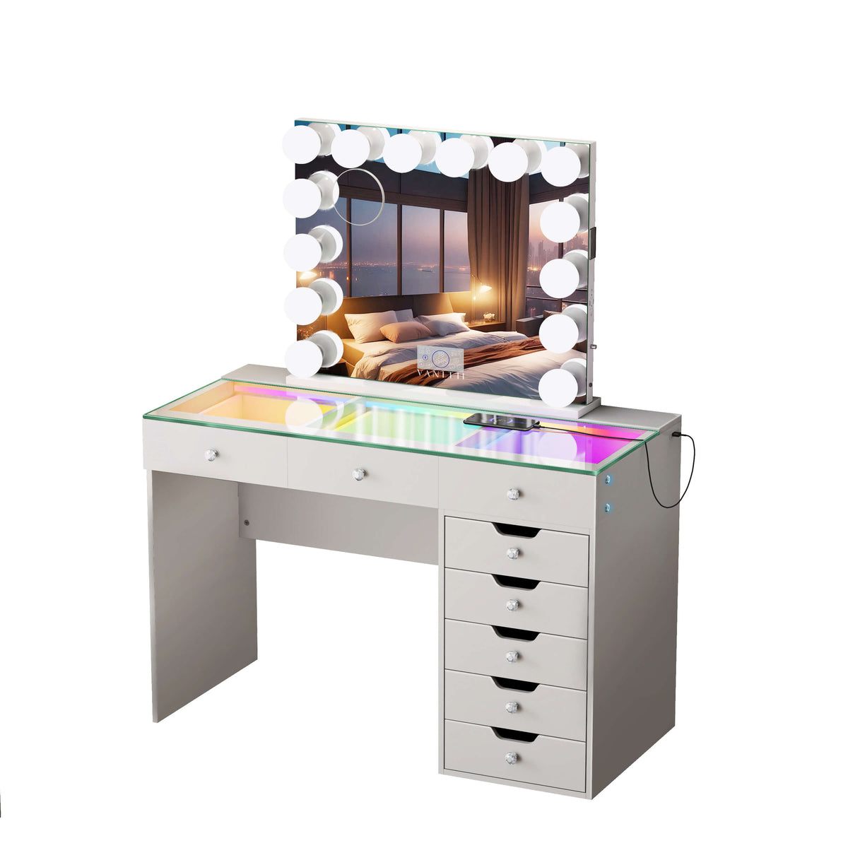 VANITII Diana Vanity Desk Set- 8 Storage Drawers with Vanity Mirror