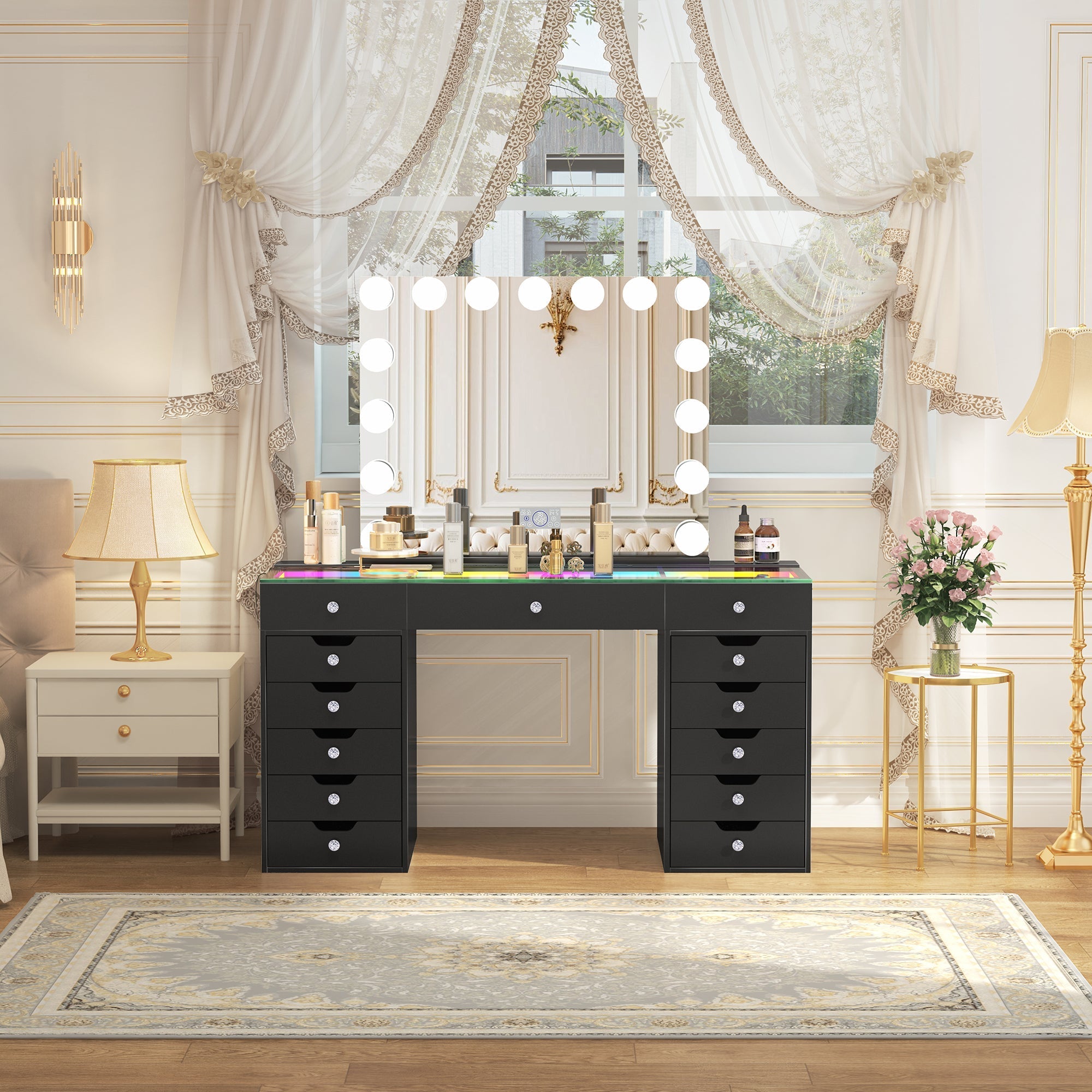 Eva-RGB Vanity Desk Set with 15 Bulbs Mirror