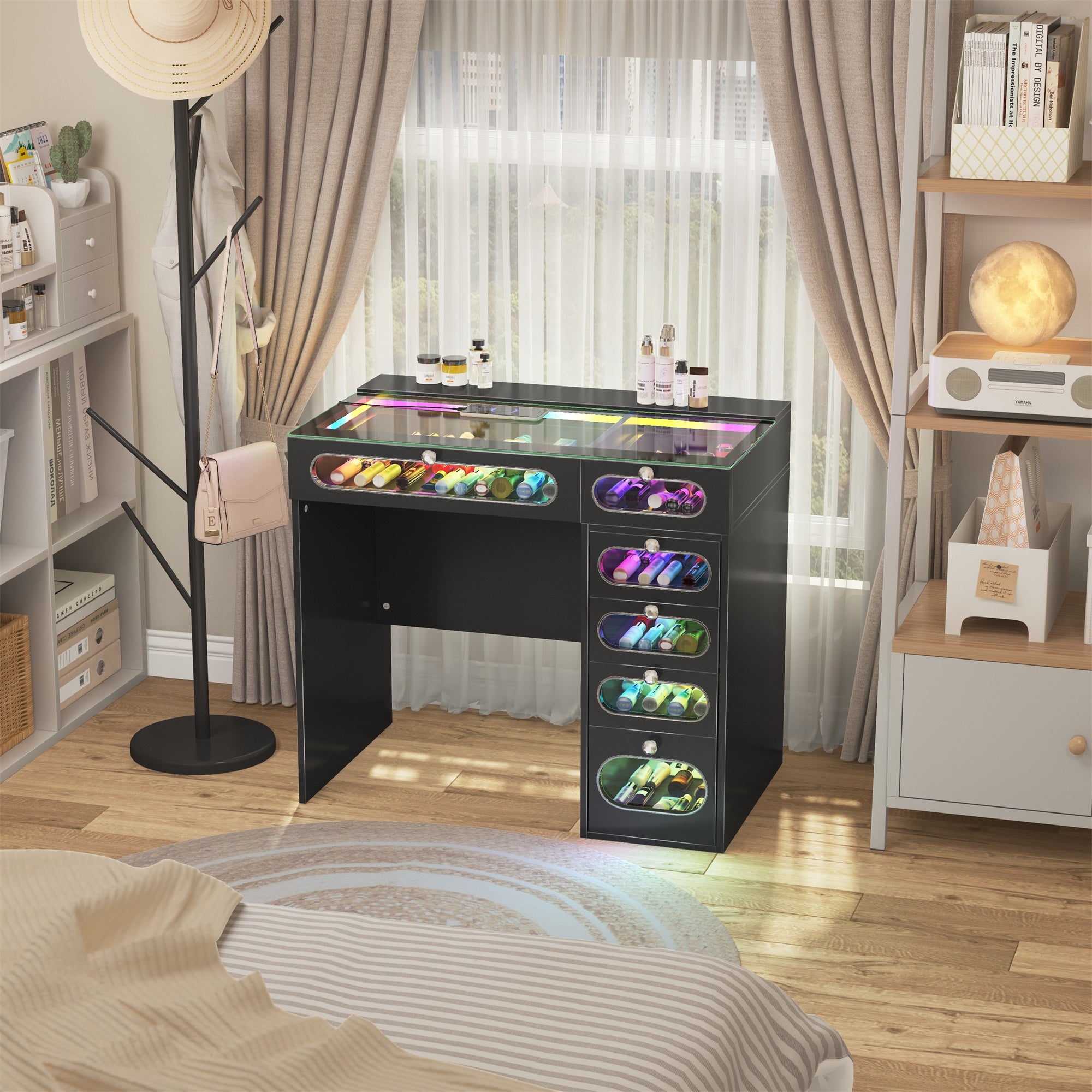 New Release ! VANITII 6 Glass Fronted Drawers Vanity Desk