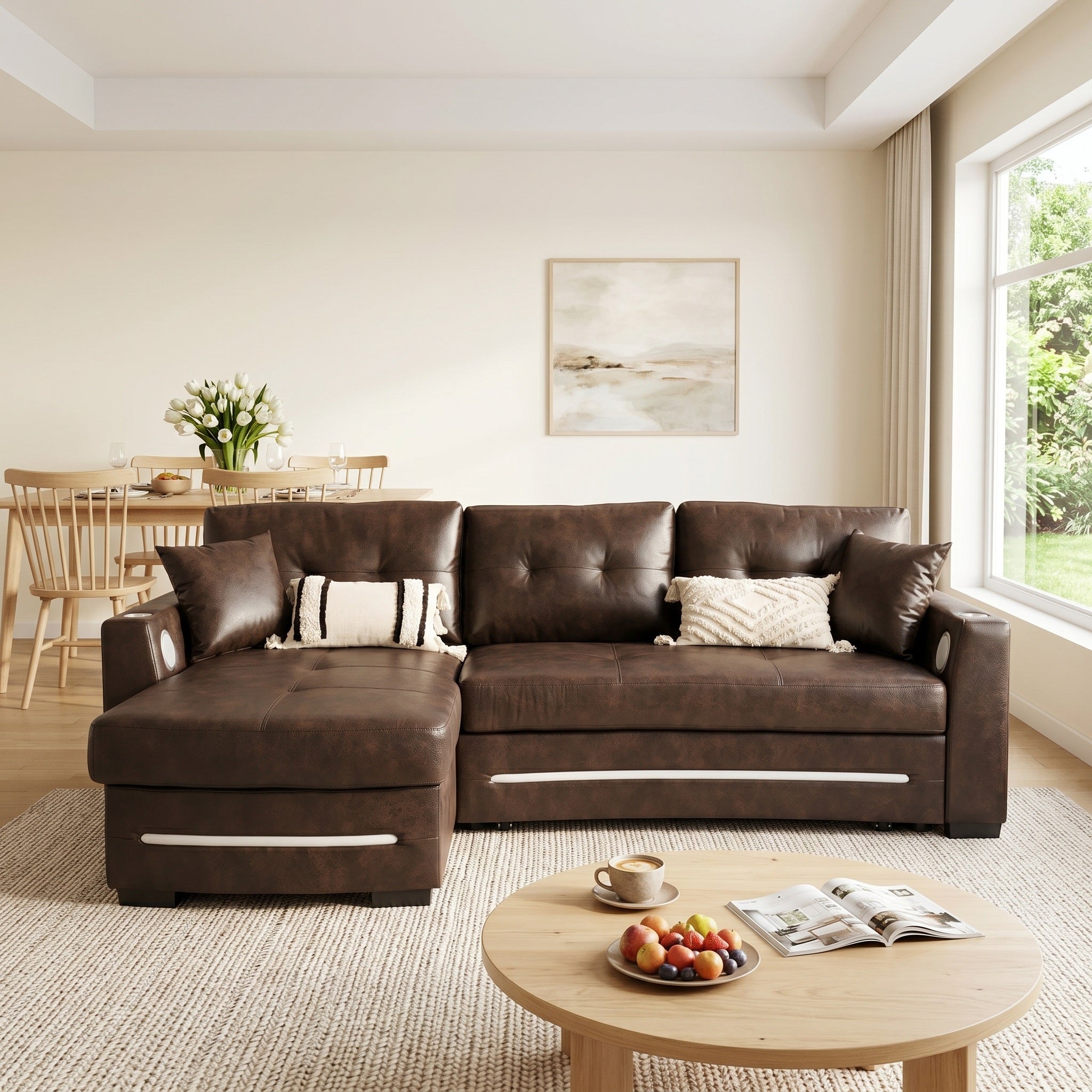 Modern L-Shaped Sectional Sofa Bed with Storage & Pull-Out Bed – Brown Fabric Left Chaise