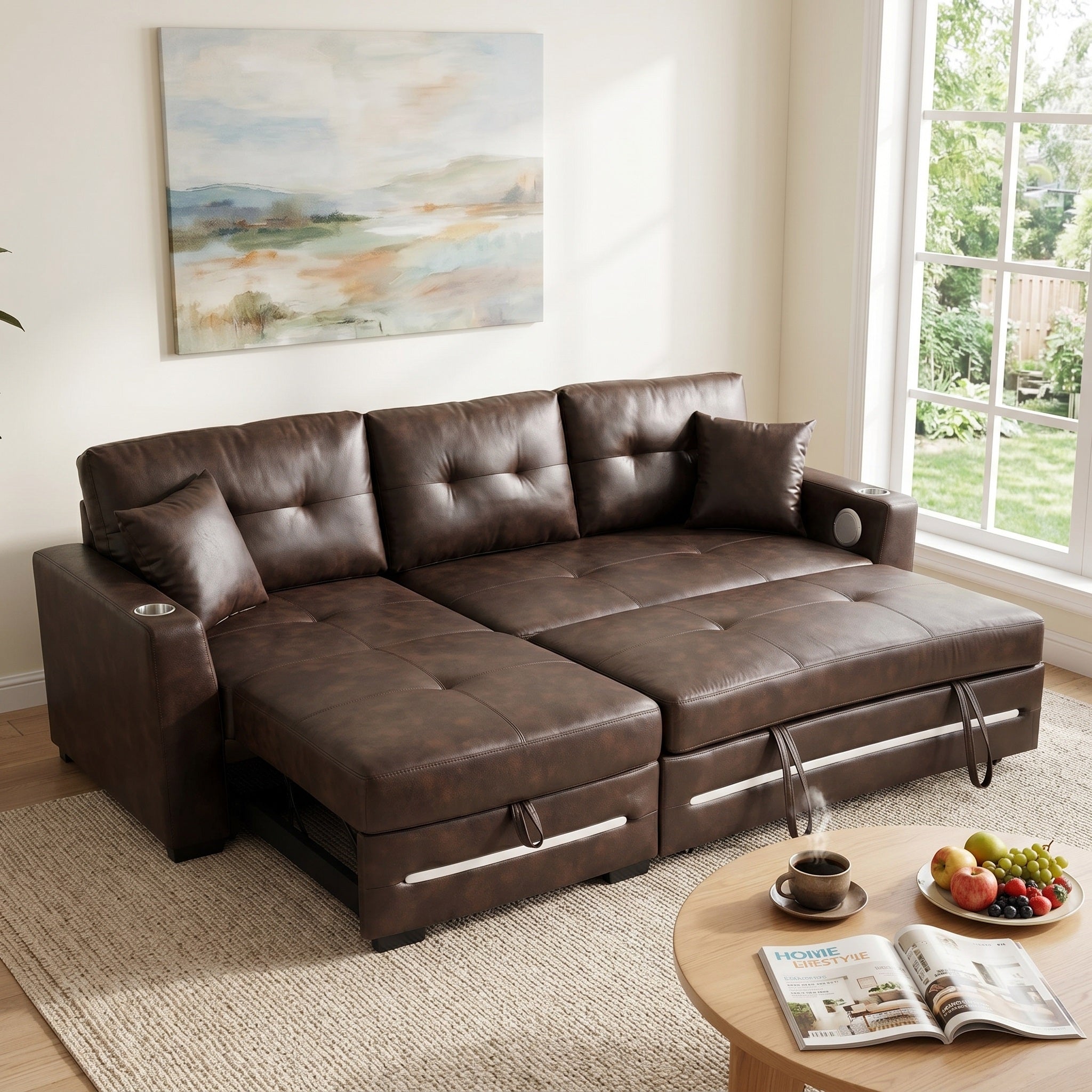 Modern L-Shaped Sectional Sofa Bed with Storage & Pull-Out Bed – Brown Fabric Left Chaise