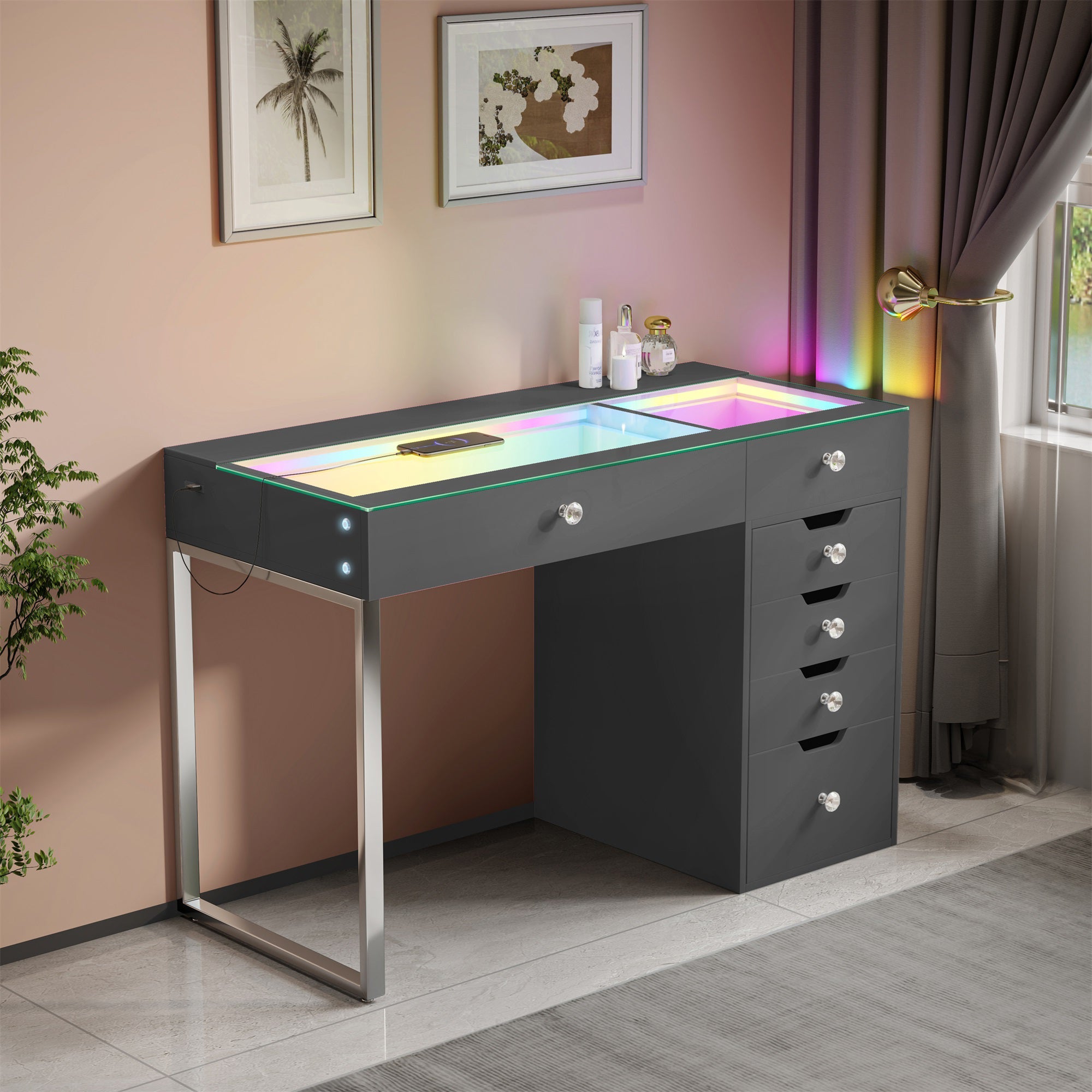 VANITII Diana RGB Vanity Desk - 6 Storage Drawers