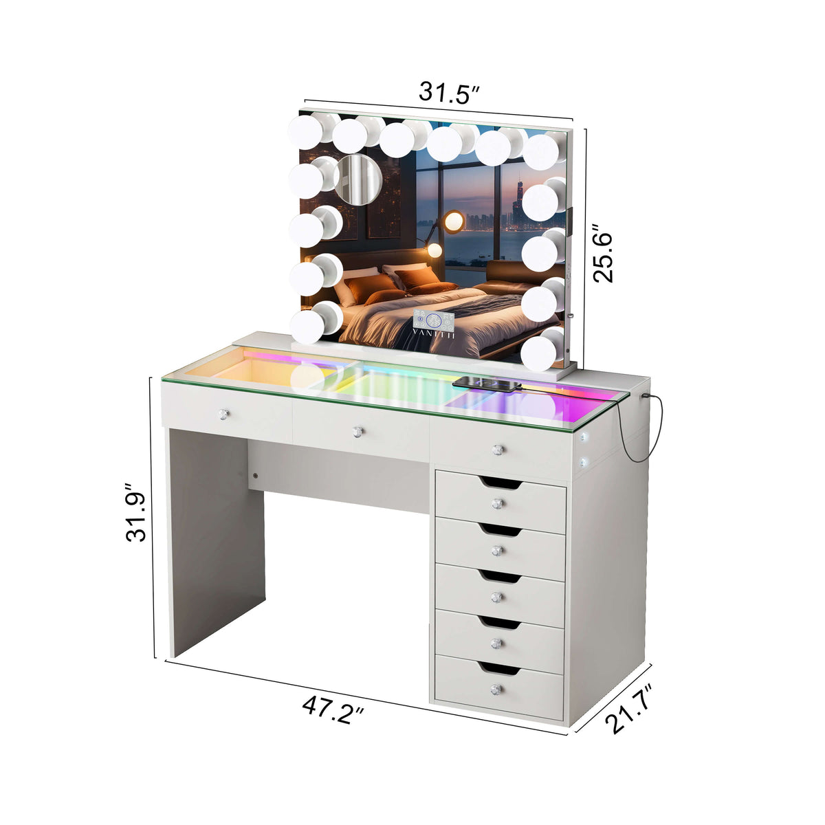 VANITII Diana Vanity Desk Set- 8 Storage Drawers with Vanity Mirror
