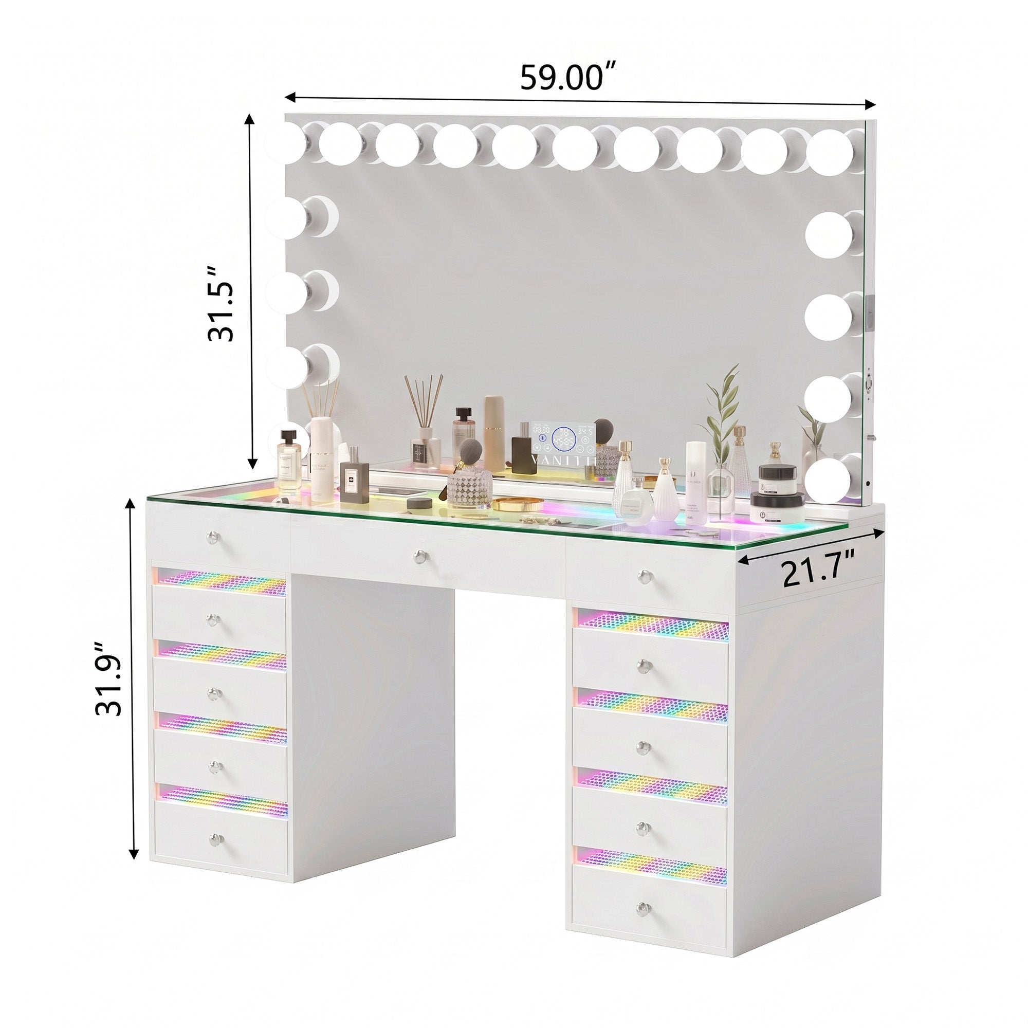 VANITII Fenair Bedroom Vanity Set with 11 Drawers & 18 Bulbs Mirror