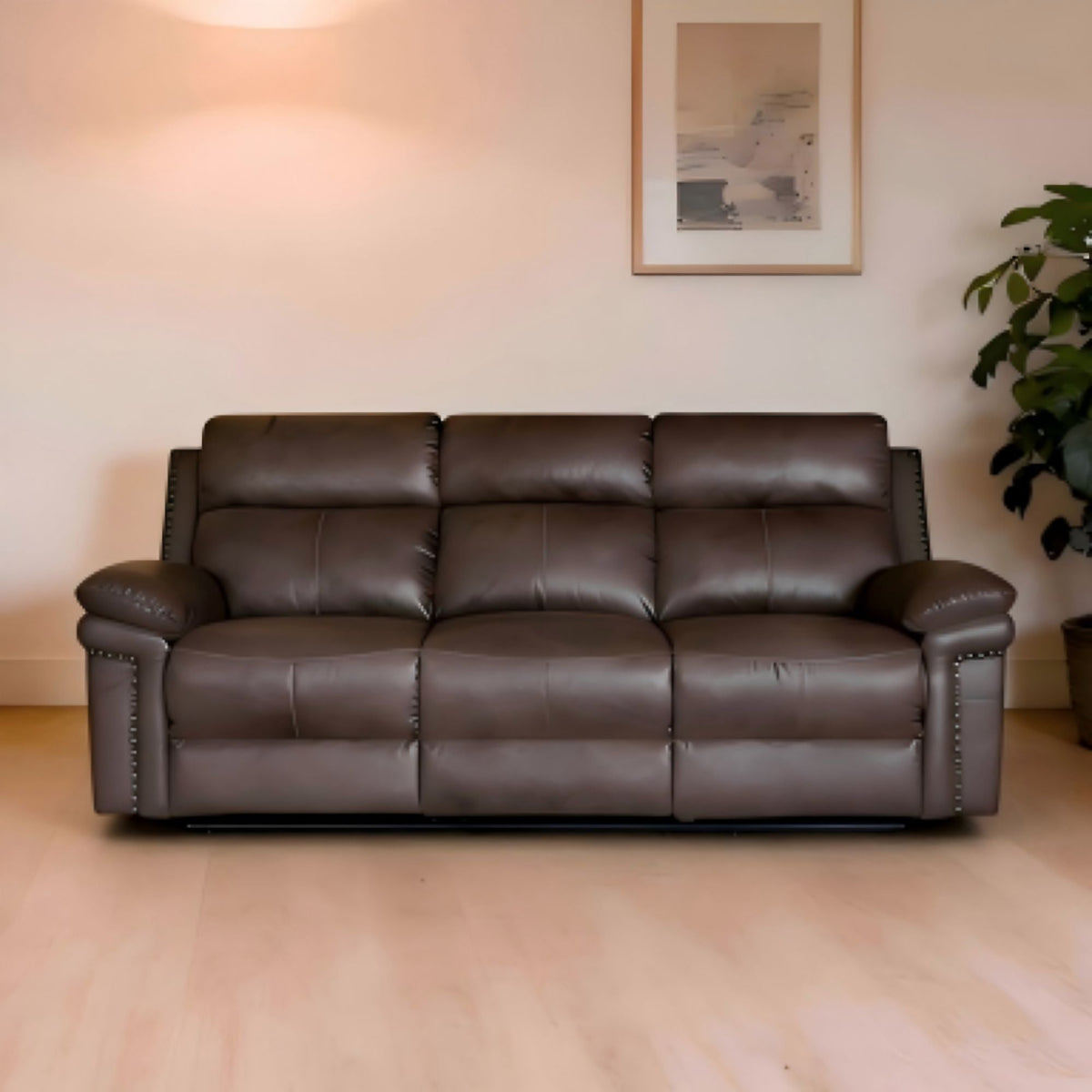 Bison Power Recliner & 3-Seater Sofa with Armrests and Storage, Breathable Leather, Home Theater Seating