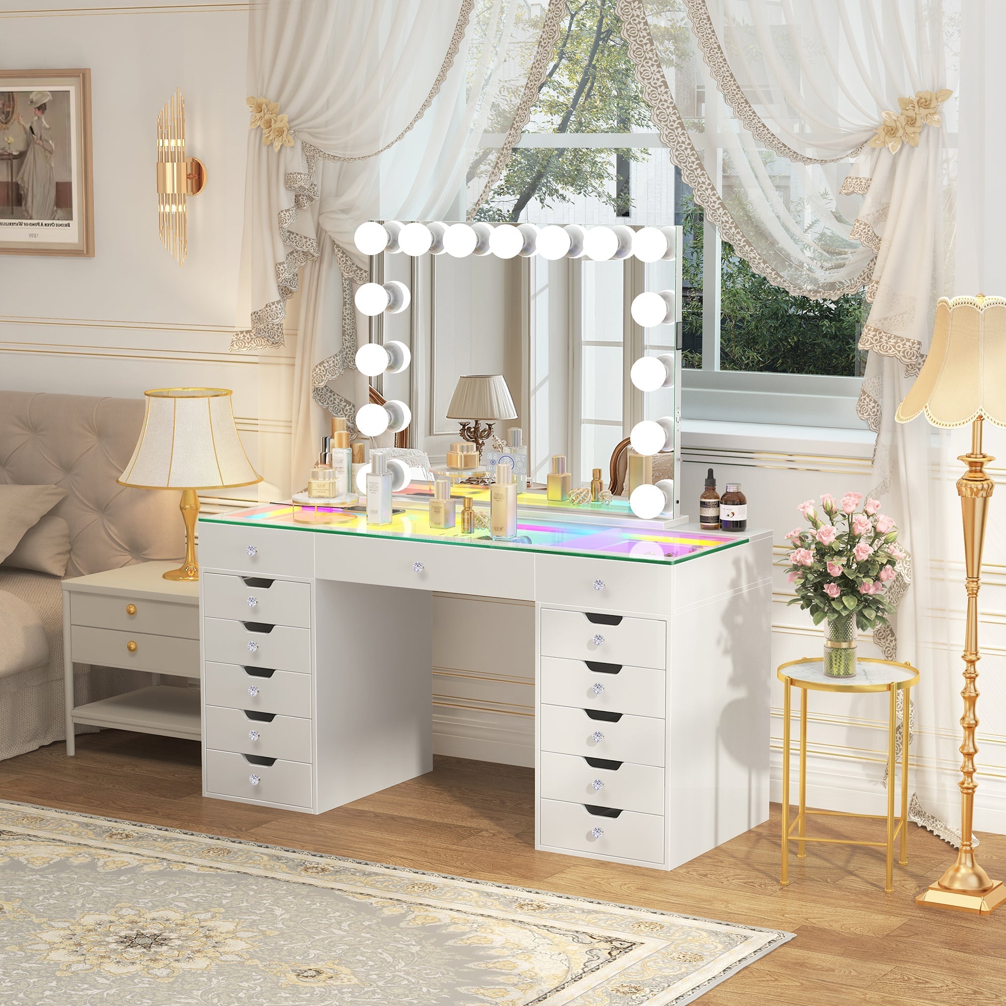 Eva-RGB Vanity Desk Set with 15 Bulbs Mirror