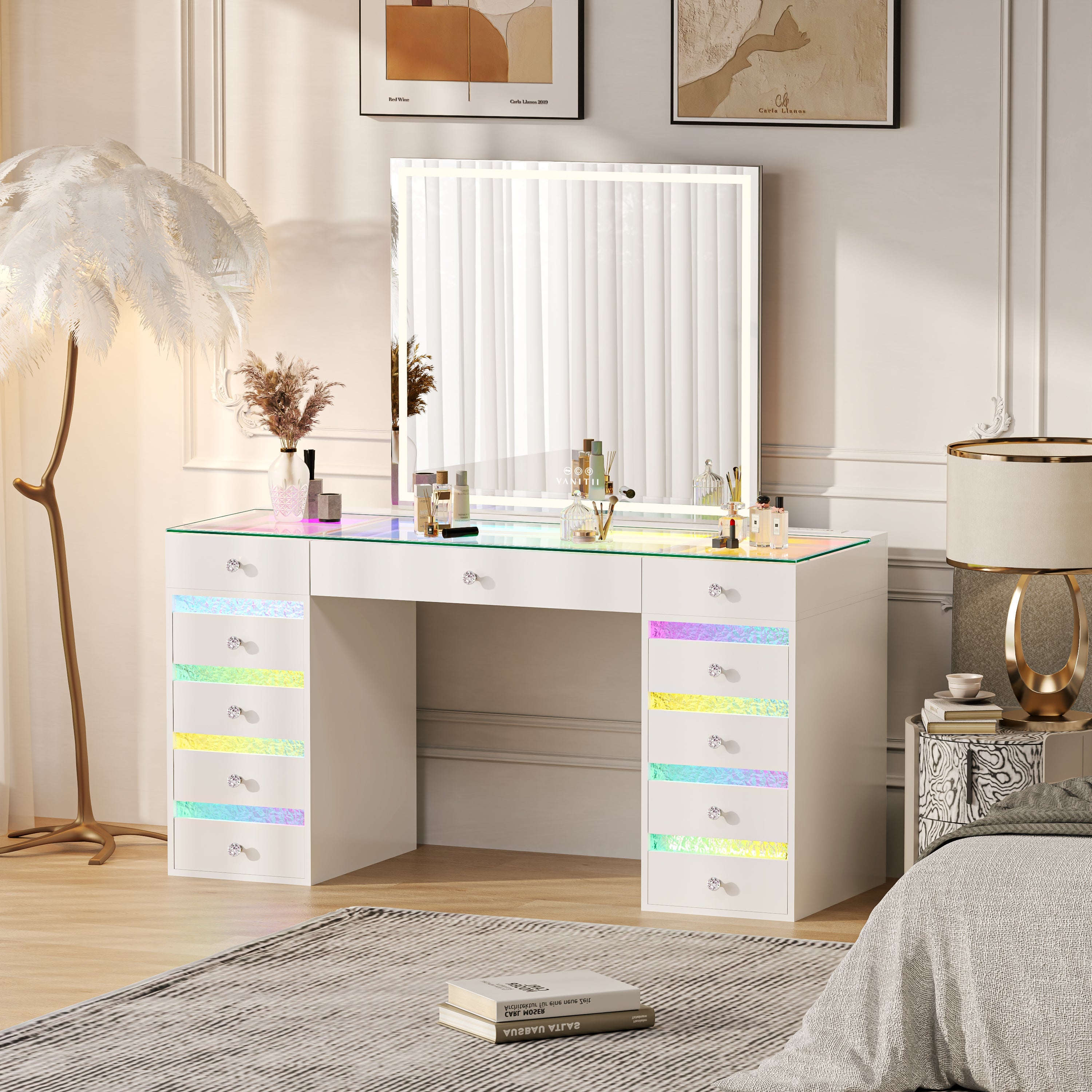 VANITII Luna Vanity RGB Table Set With Bluetooth Speaker & Hana Mirror