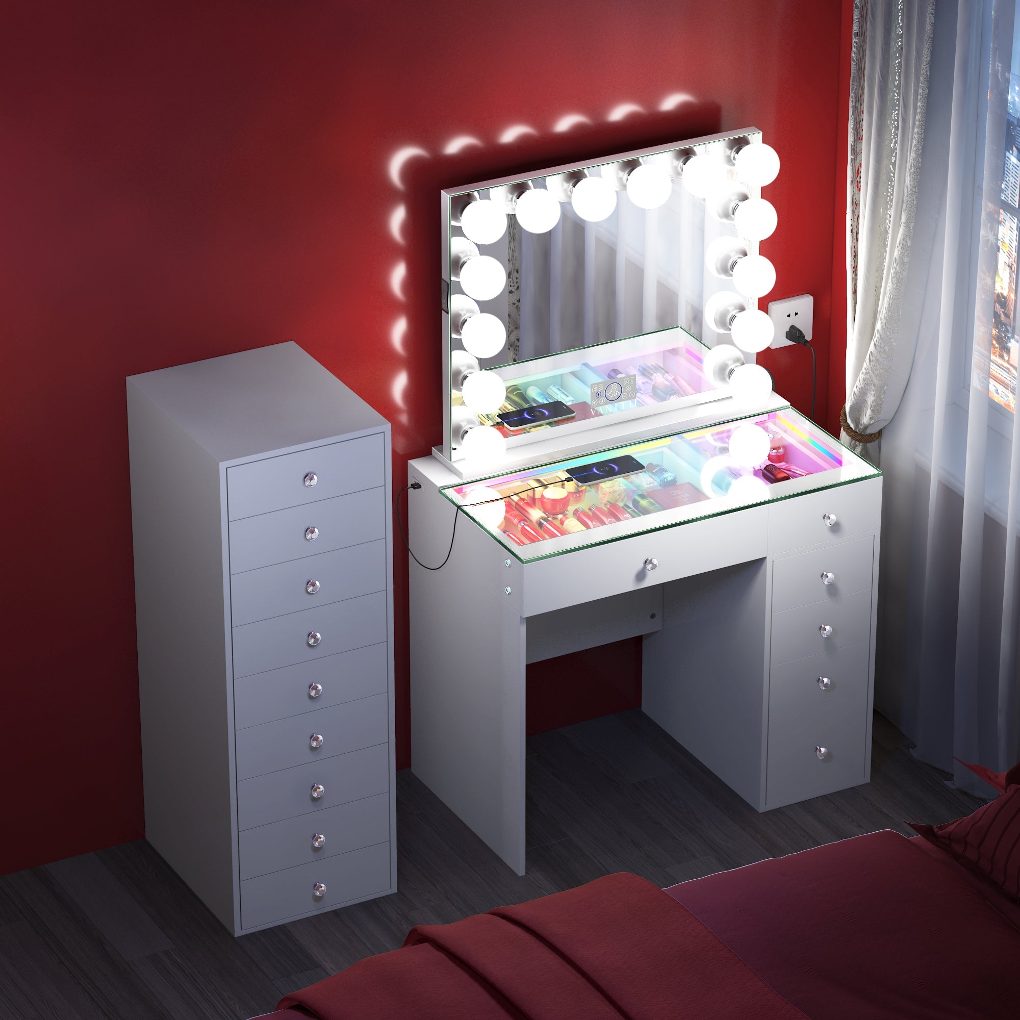 Promotion ! VANITII Mini Diana Vanity Desk with Marilyn Hollywood Vanity Mirror and 9 Drawer Unit (Only sell in California)