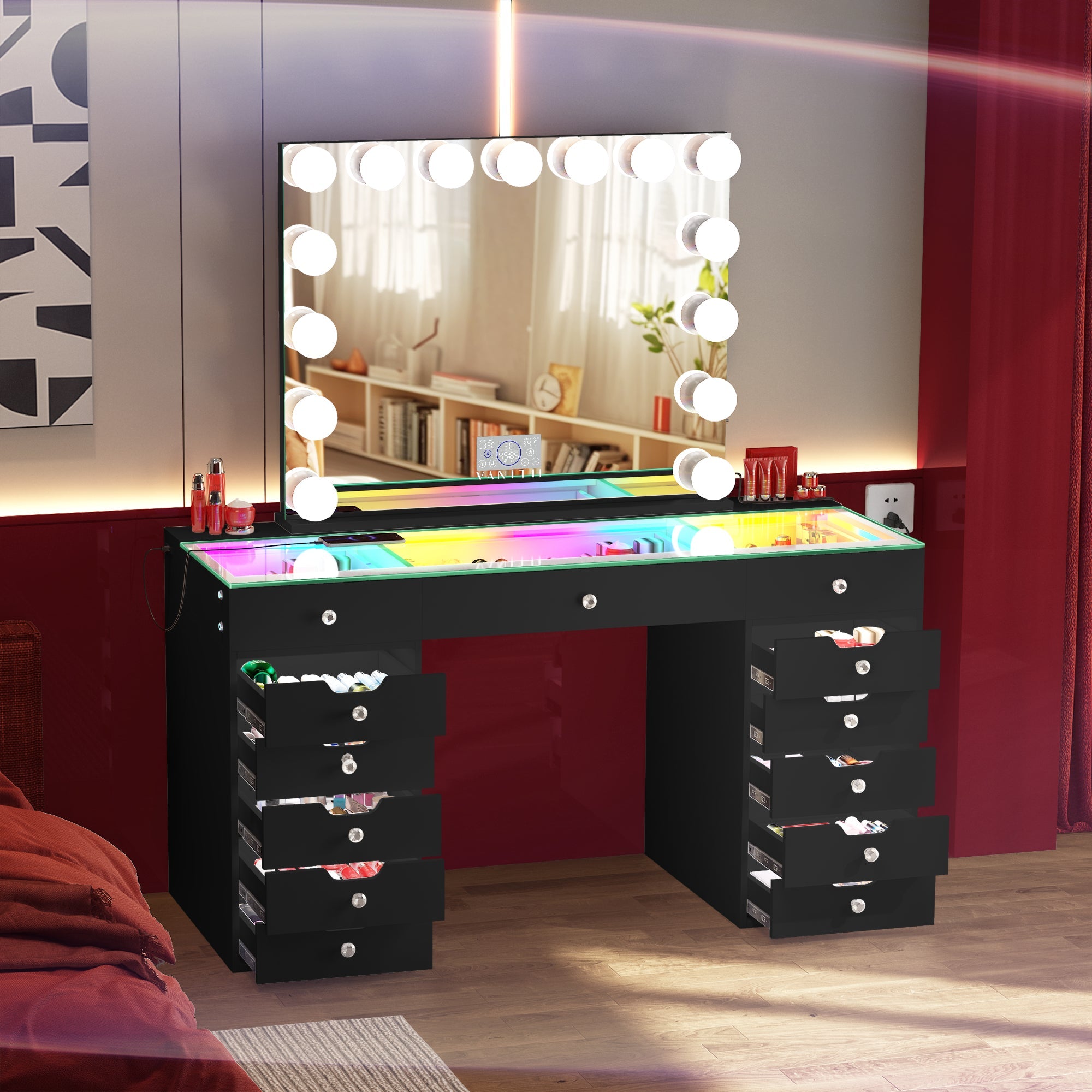 Promotion l! VANITII Eva-RGB Vanity Desk Set with Lights & 15 Bulbs Light Mirror (Only sell in Texas(Dallas+Houston))