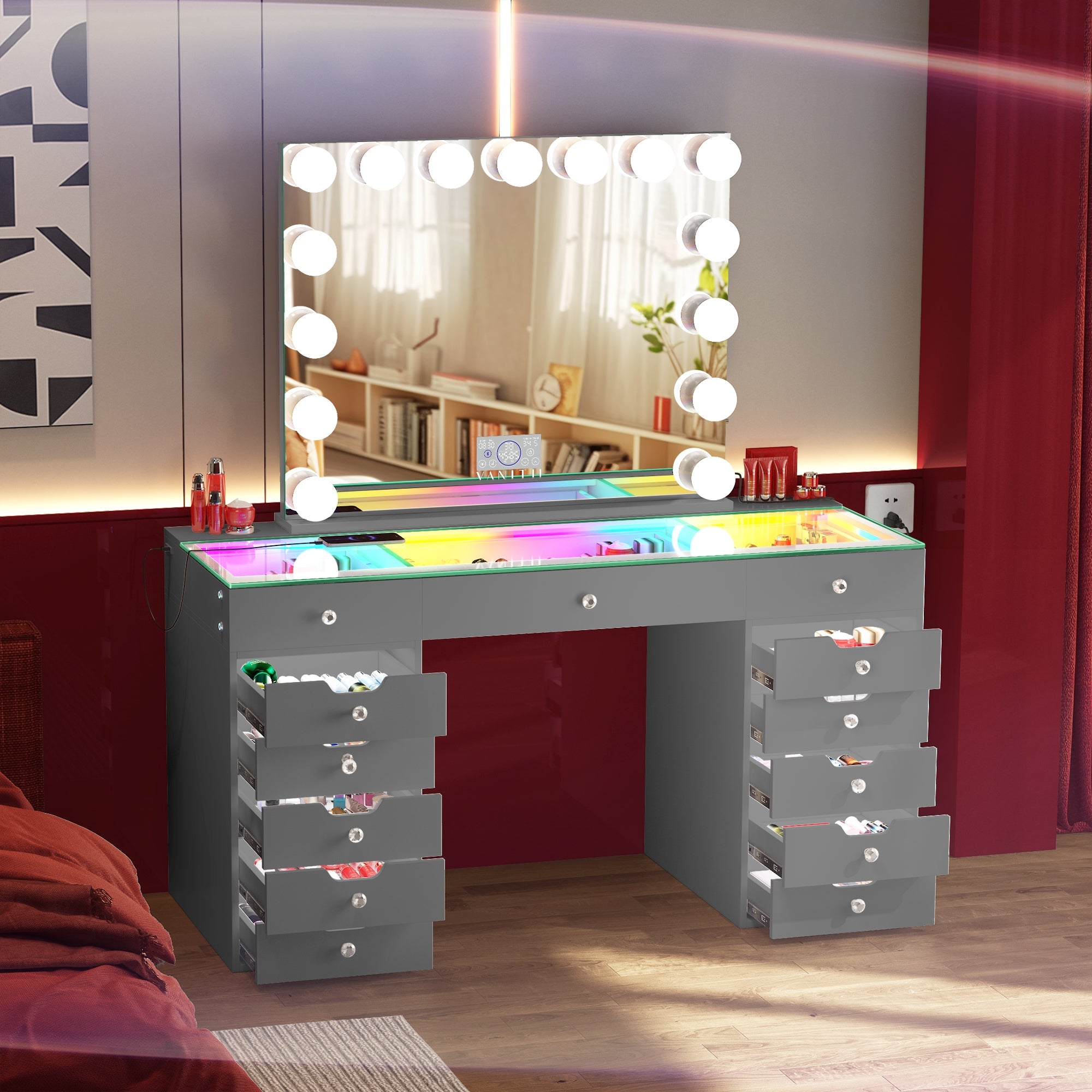 Promotion l! VANITII Eva-RGB Vanity Desk Set with Lights & 15 Bulbs Light Mirror (Only sell in Texas(Dallas+Houston))