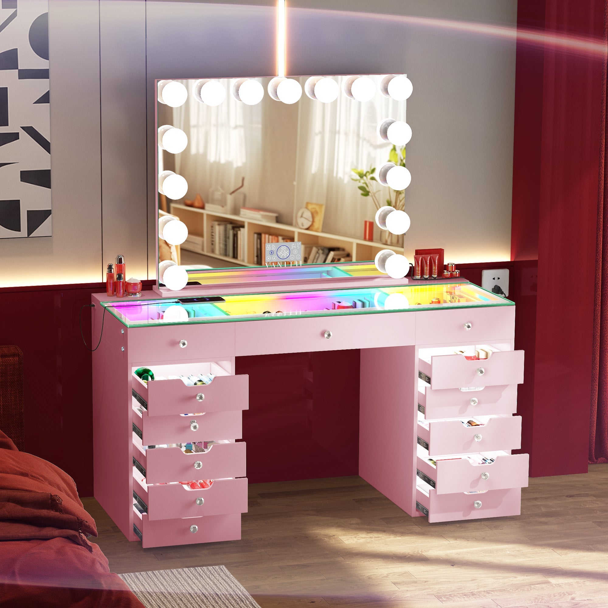 Promotion l! VANITII Eva-RGB Vanity Desk Set with Lights & 15 Bulbs Light Mirror (Only sell in Texas(Dallas+Houston))