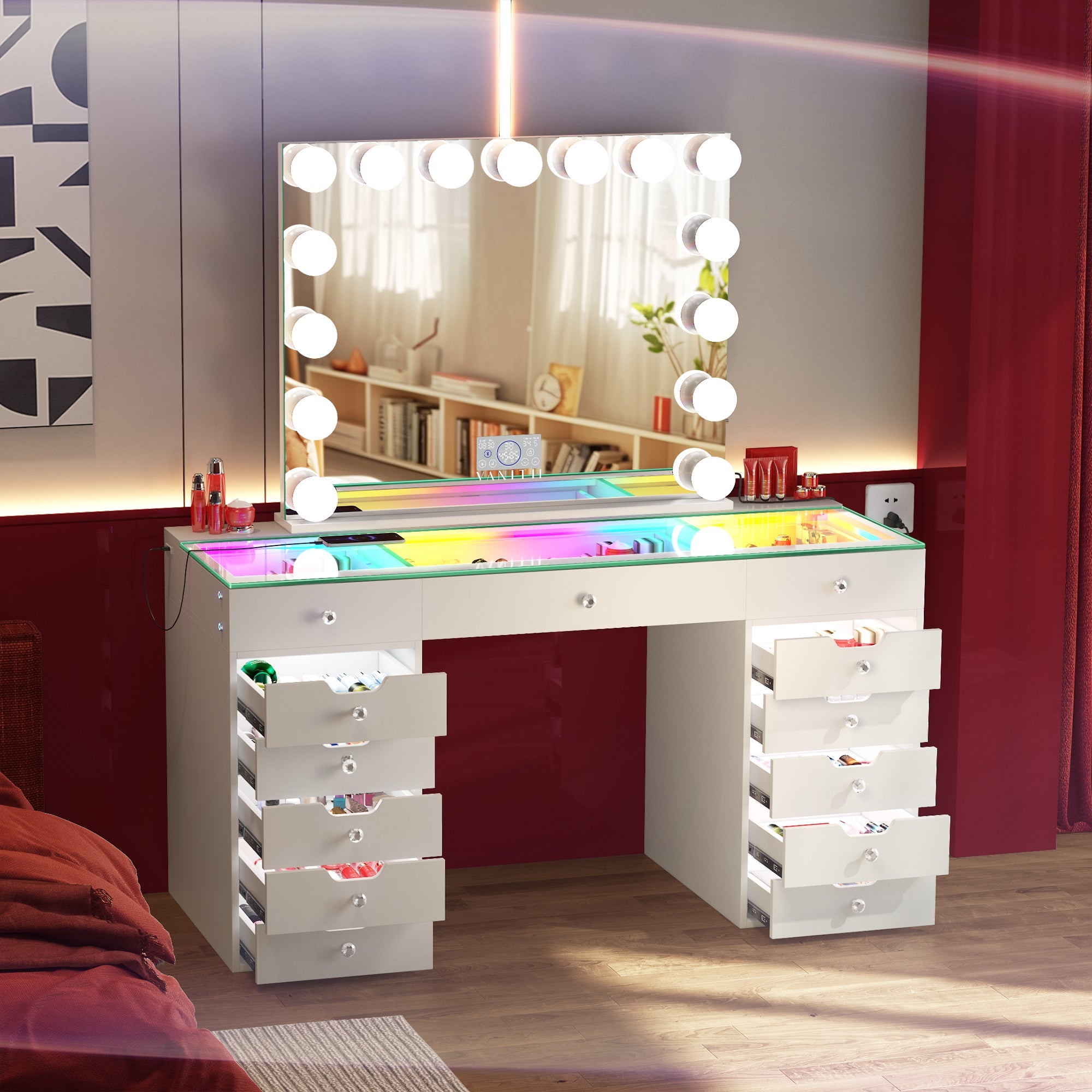 Promotion l! VANITII Eva-RGB Vanity Desk Set with Lights & 15 Bulbs Light Mirror (Only sell in Texas(Dallas+Houston))