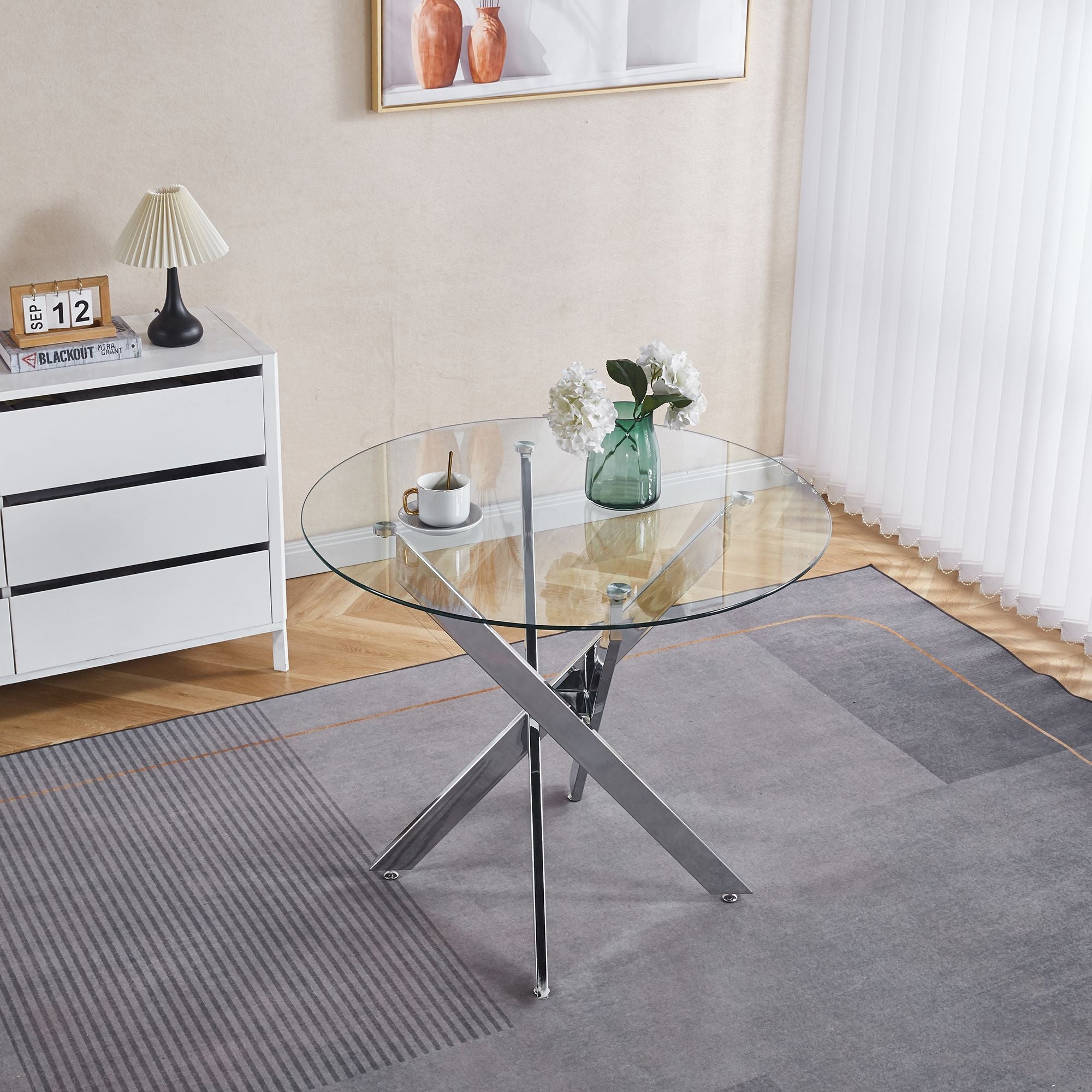 Modern Round Glass Dining Table - Chrome And Black Cross Legs