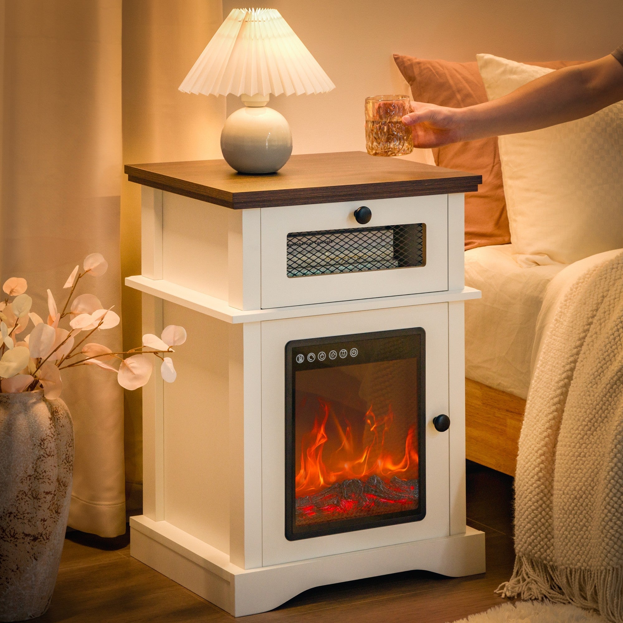 LED Fireplace Nightstand with Drawer,Adjustable Light Bedside Table for Bedroom, Living Room