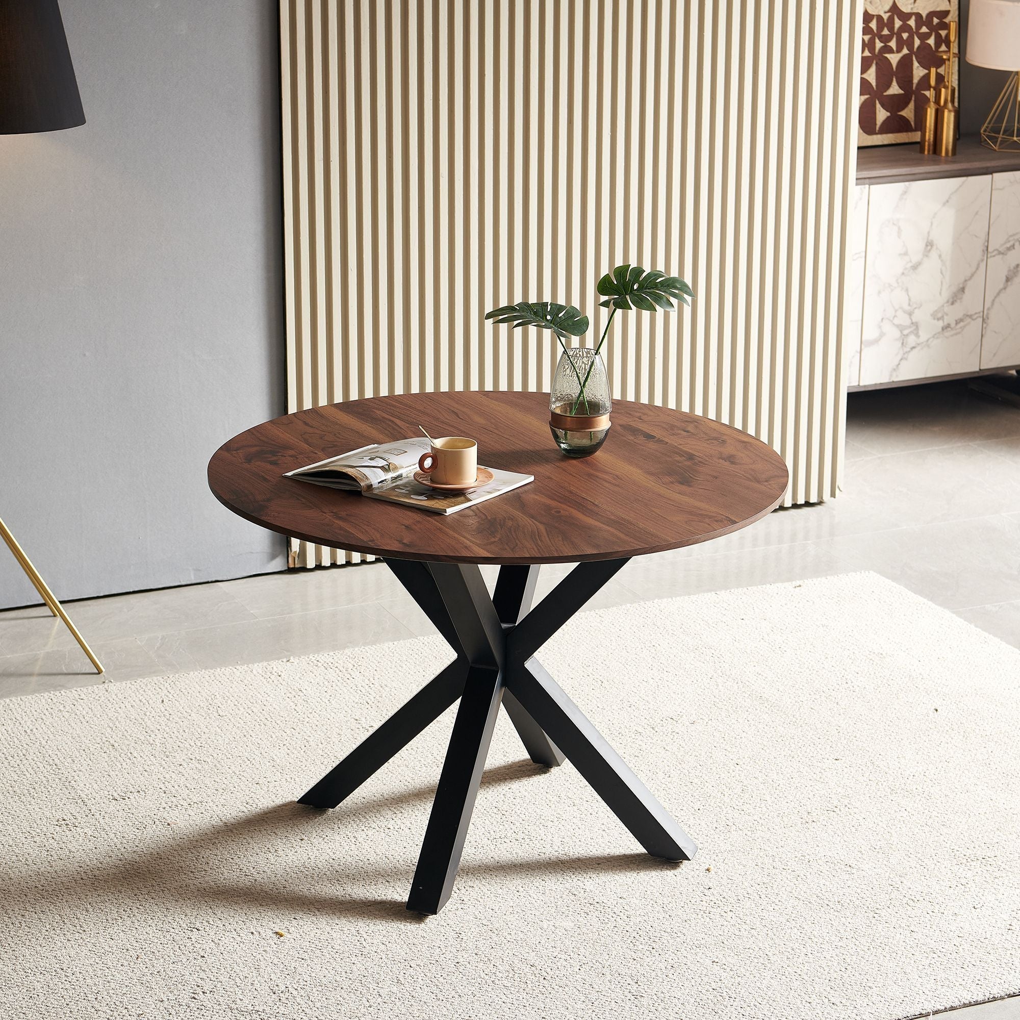 42.1'' Wood Color Mid-Century Dining Table (MDF Round Top, Cross Leg) – Seats 4-6,Dining Table