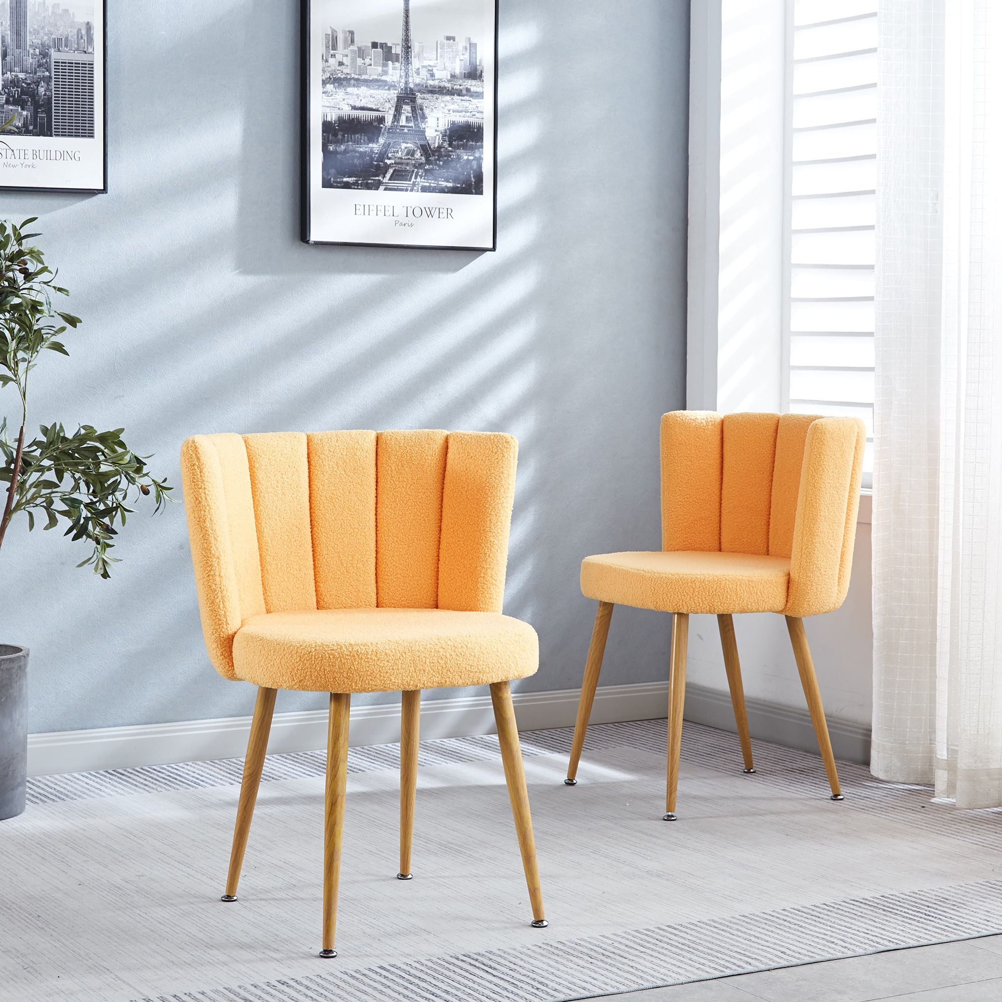 Modern Beige Dining Chairs - Iron Tube Wood-Color Leg s, Shorthair Cushions