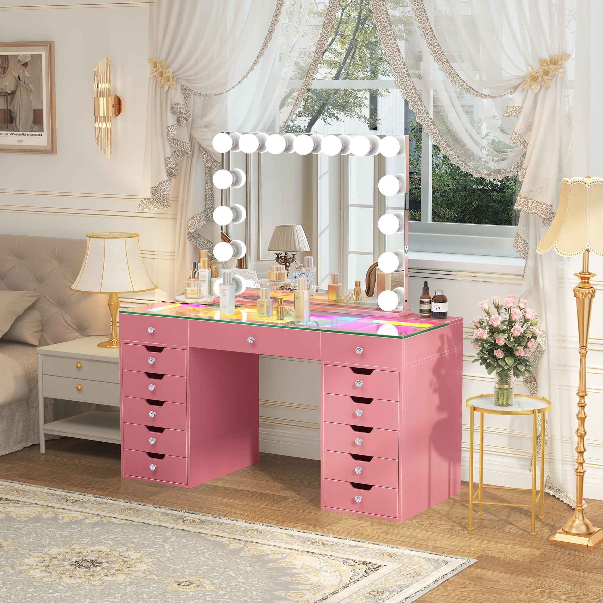 Eva-RGB Vanity Desk Set with Mirror-Pink