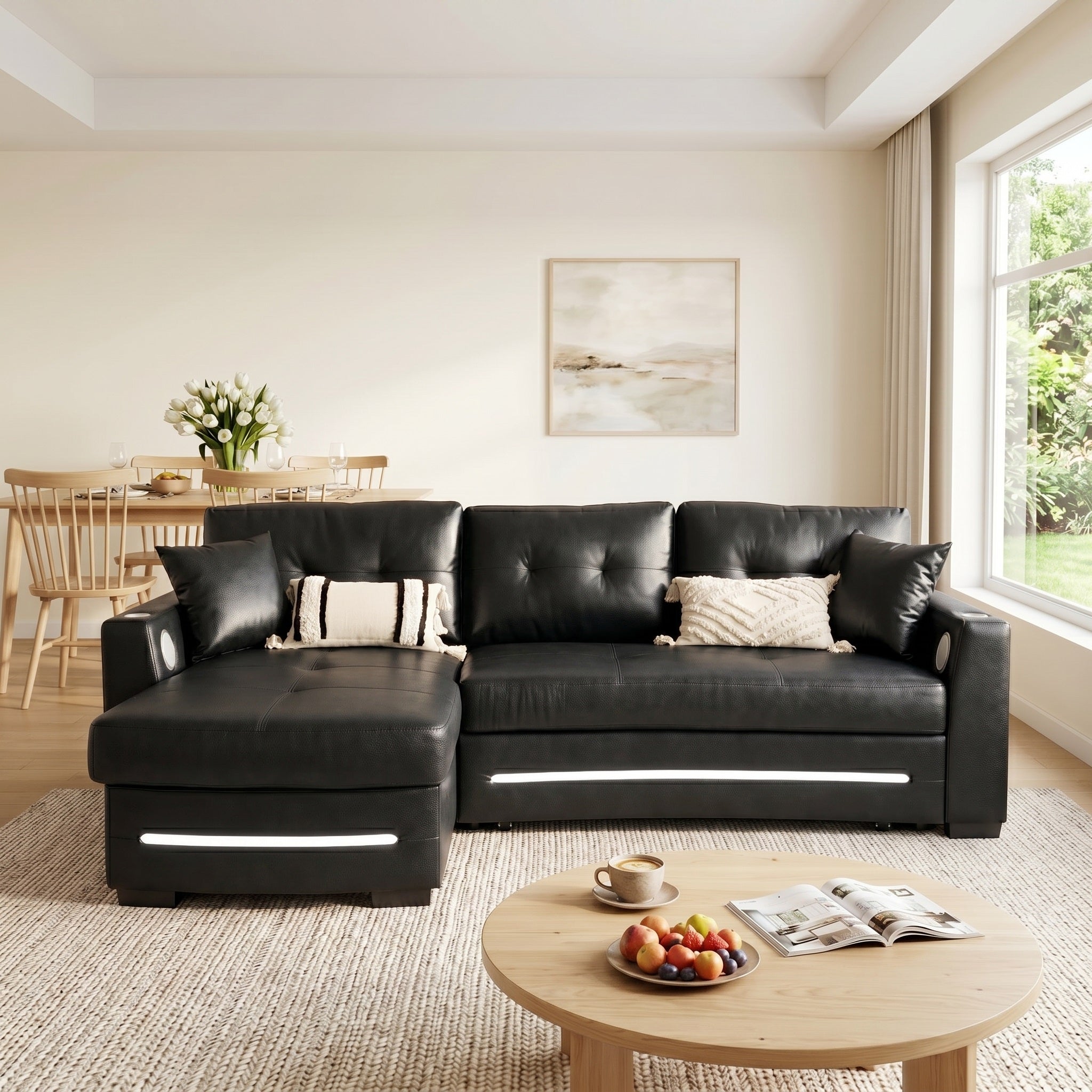Modern L-Shaped Sectional Sofa Bed with Storage & Pull-Out Bed – Black Fabric Left Chaise