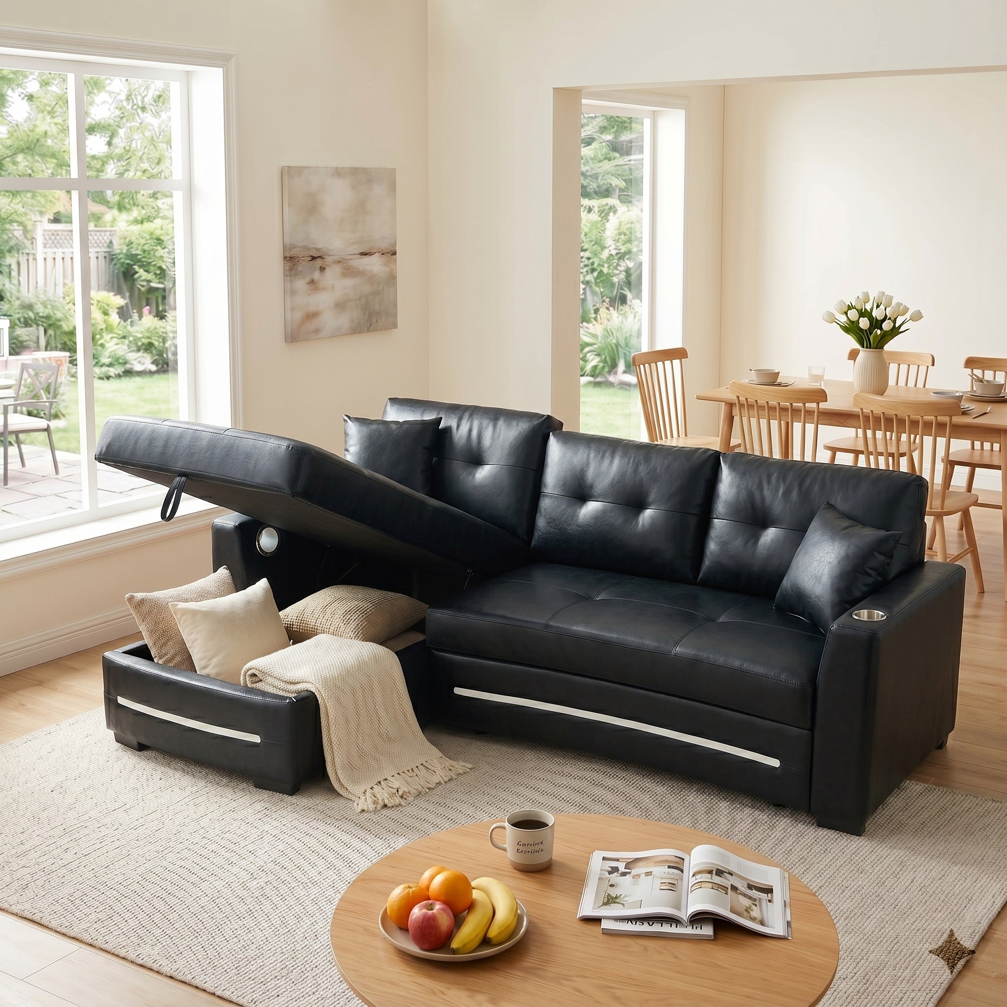 Modern L-Shaped Sectional Sofa Bed with Storage & Pull-Out Bed – Black Fabric Left Chaise