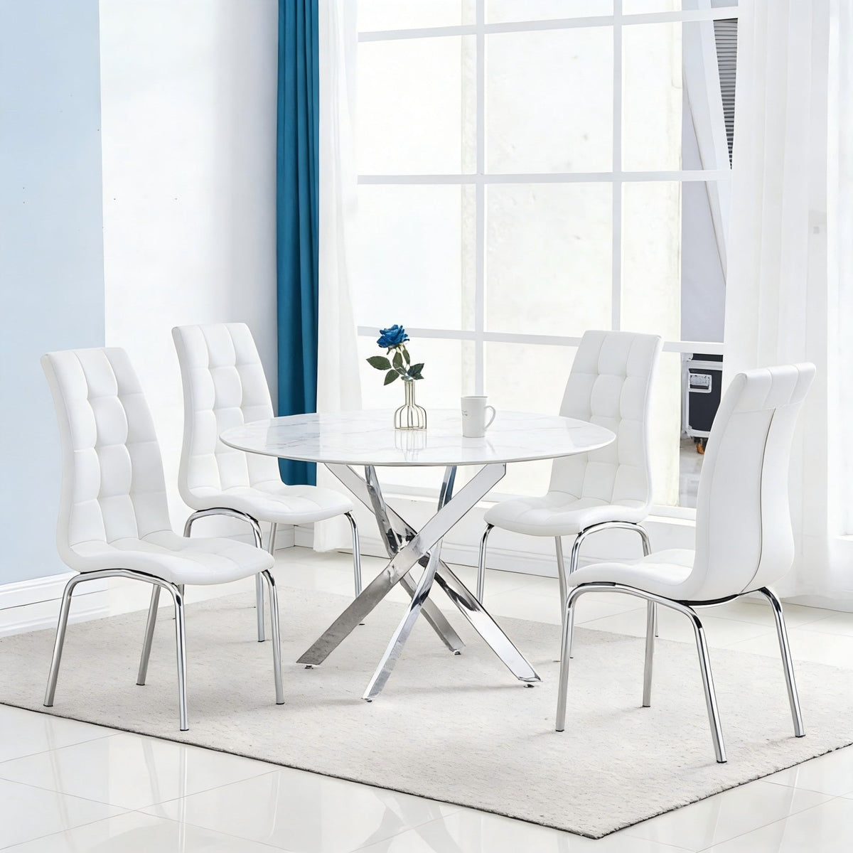 Round Dining Table Glass with Marble look Finish