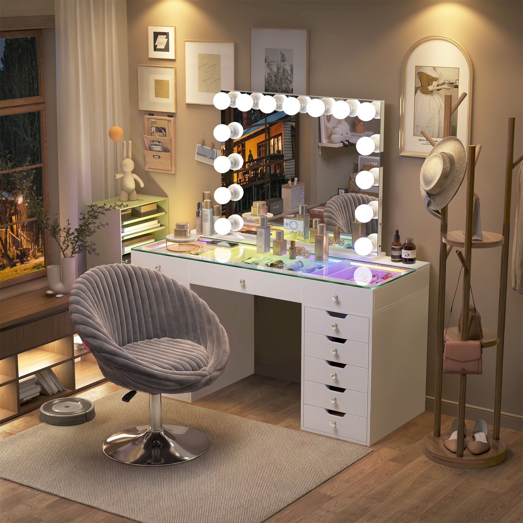 Eva-RGB Vanity Desk Set with 15 Bulbs Mirror