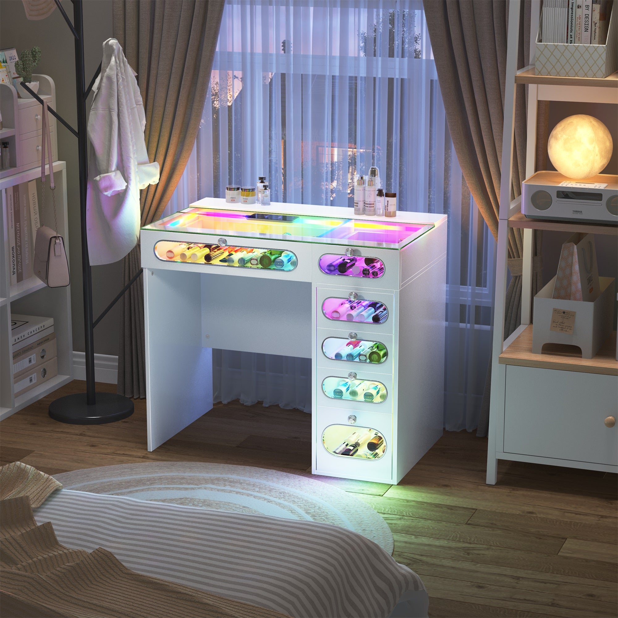 New Release ! VANITII 6 Glass Fronted Drawers Vanity Desk