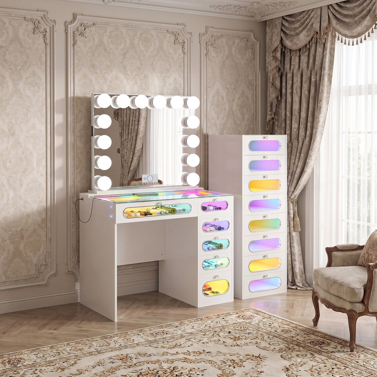 VANITII 6 Glass Fronted Drawers Vanity Desk with Marilyn Vanity Mirror