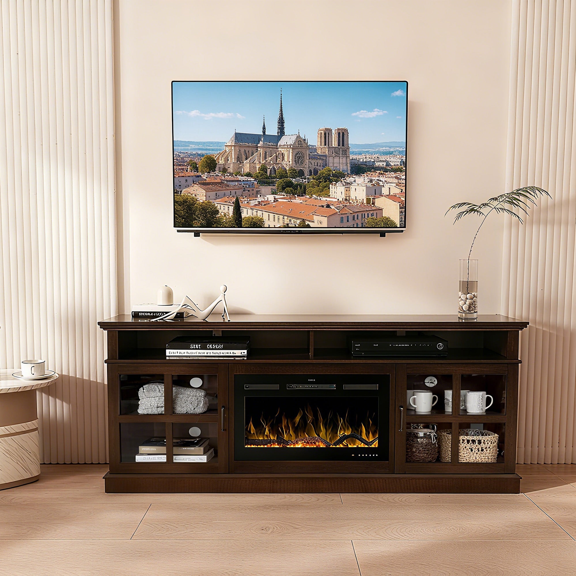 72“ Teak Ash Wood Veneer Fireplace TV stand
