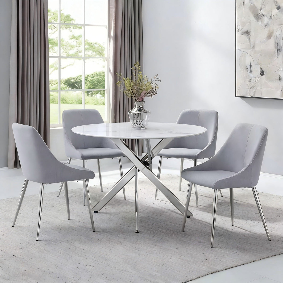Round Dining Table Glass with Marble look Finish