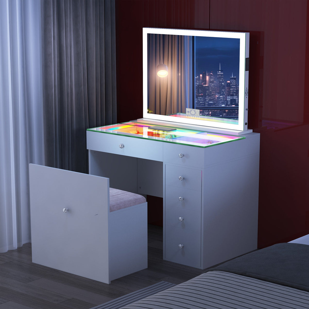 VANITII Mini Diana Vanity Desk and Marilyn Mirror with Soft Hidden Stool