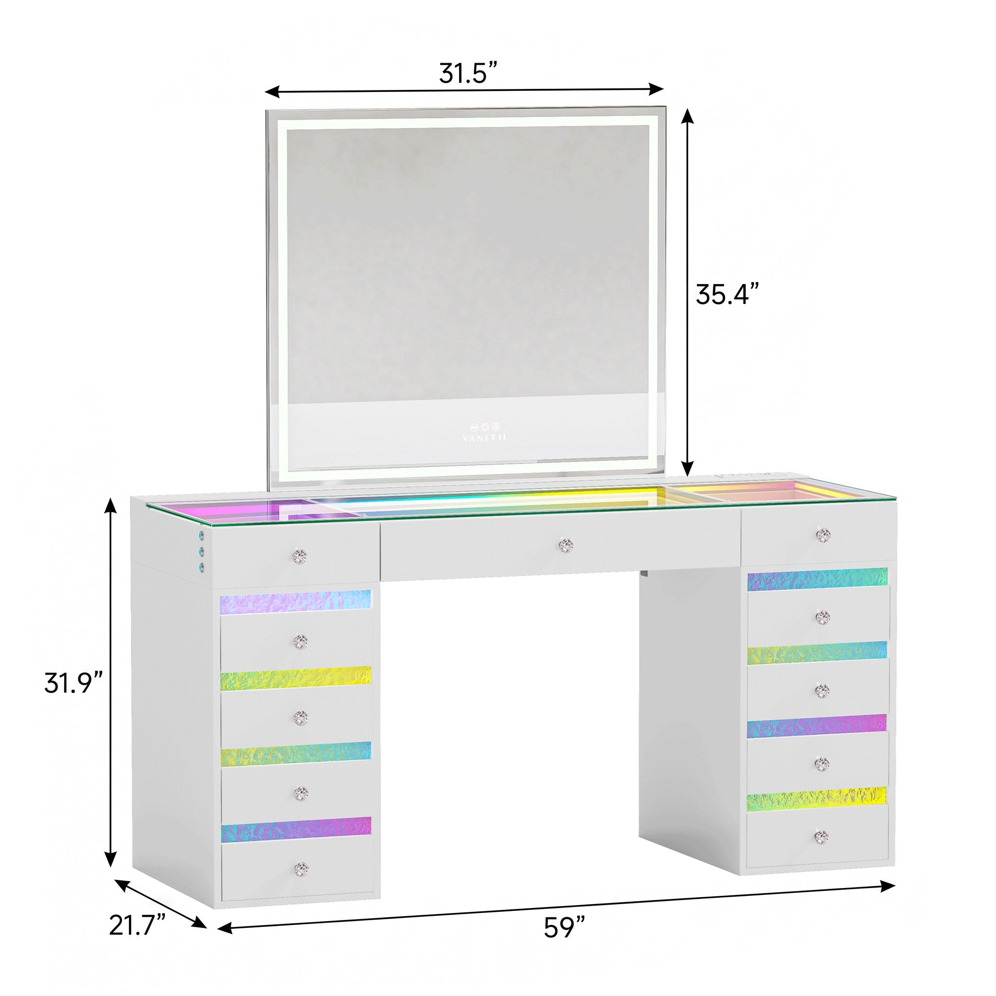 VANITII Luna Vanity RGB Table Set With Bluetooth Speaker & Hana Mirror