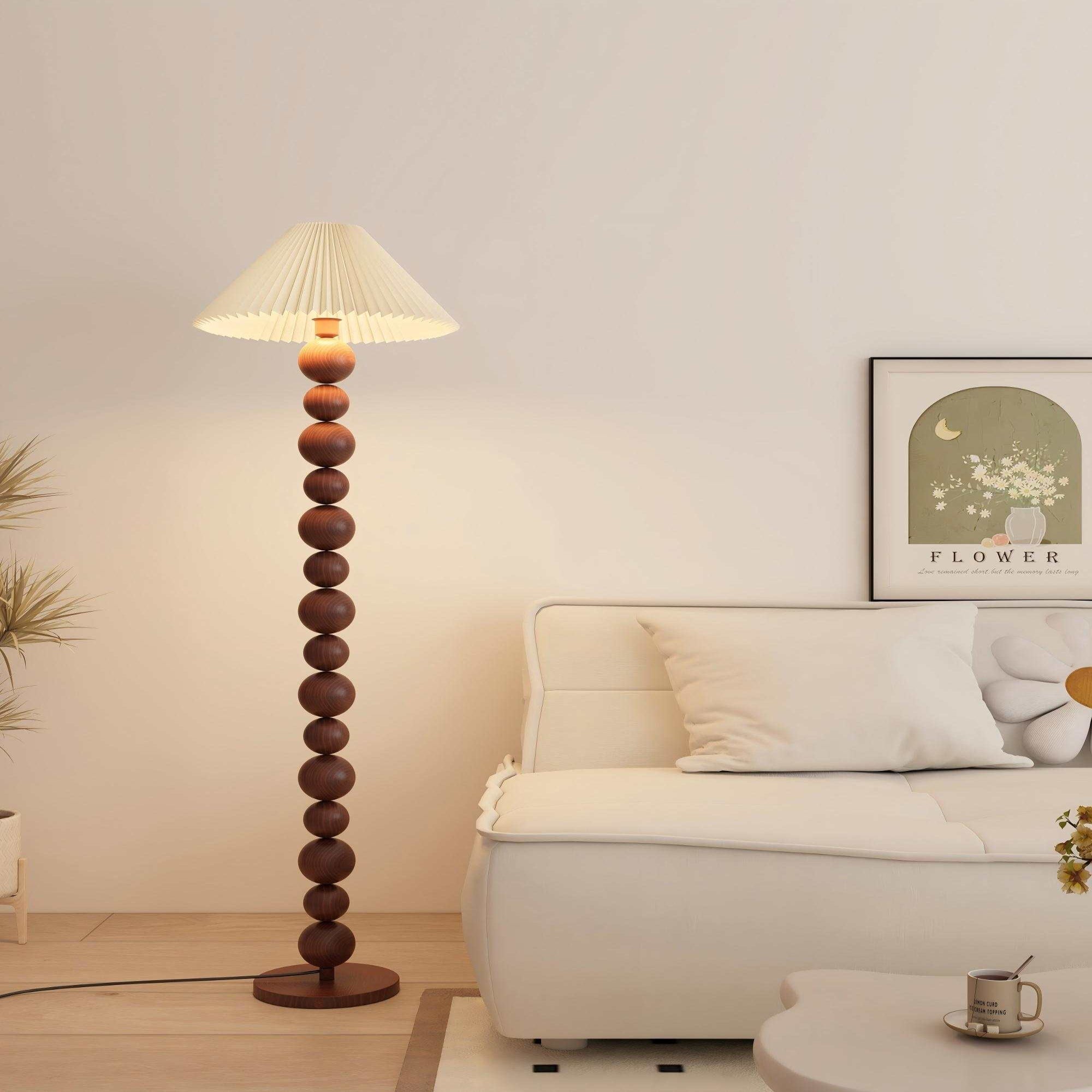 Walnut Floor Lamp with Ball Beads & Pleated Shade - Warm Light for Rustic Décor