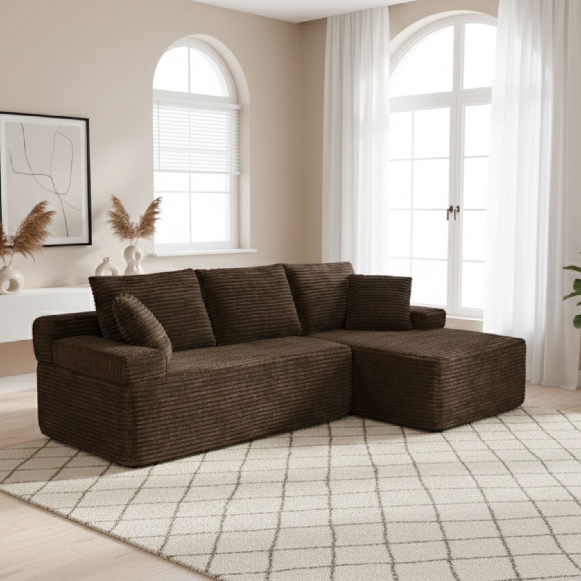 Modern Brown Corduroy Sectional Sofa, L-Shaped Couch