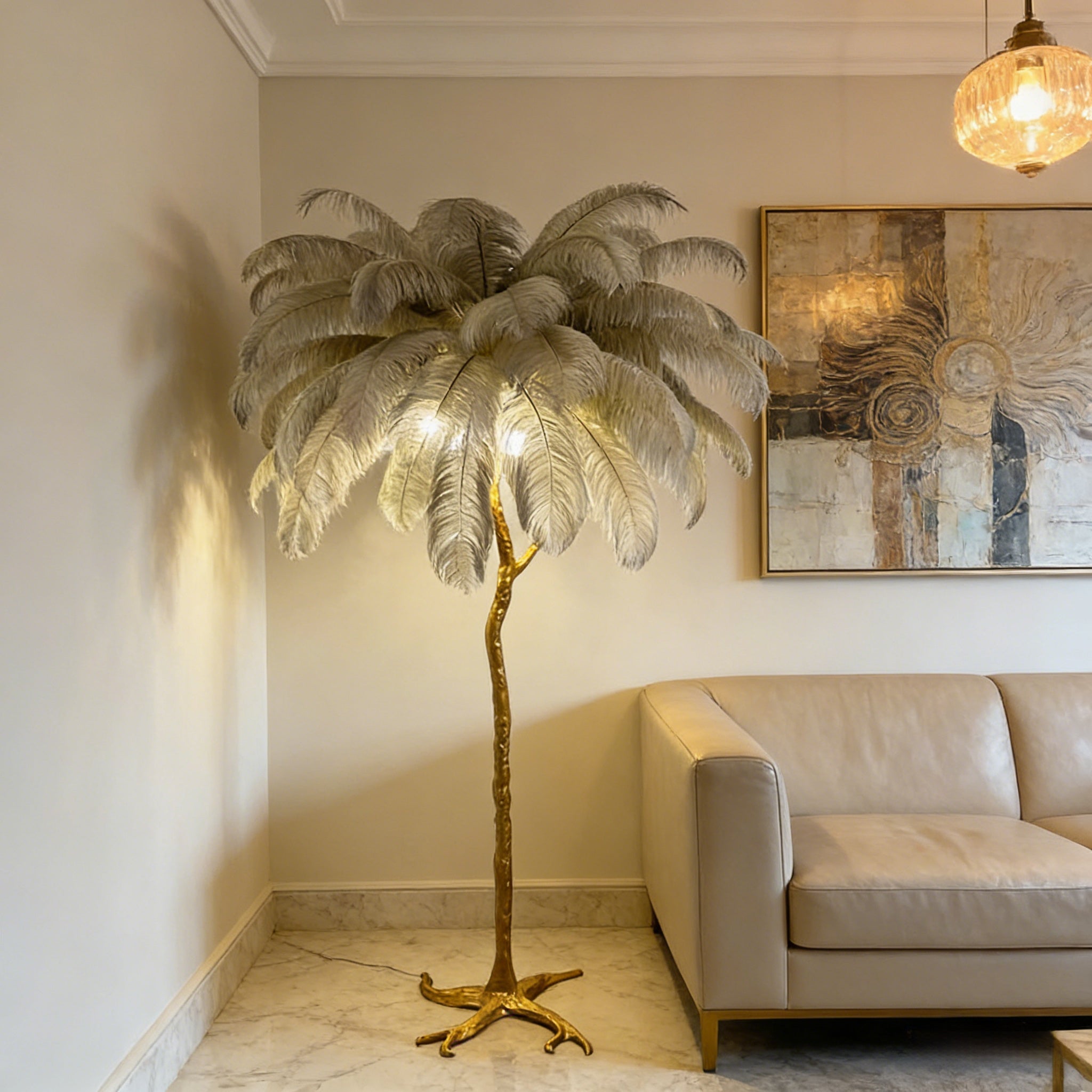 Ostrich Feather Floor Lamp | Golden 4-Light Branch camel color