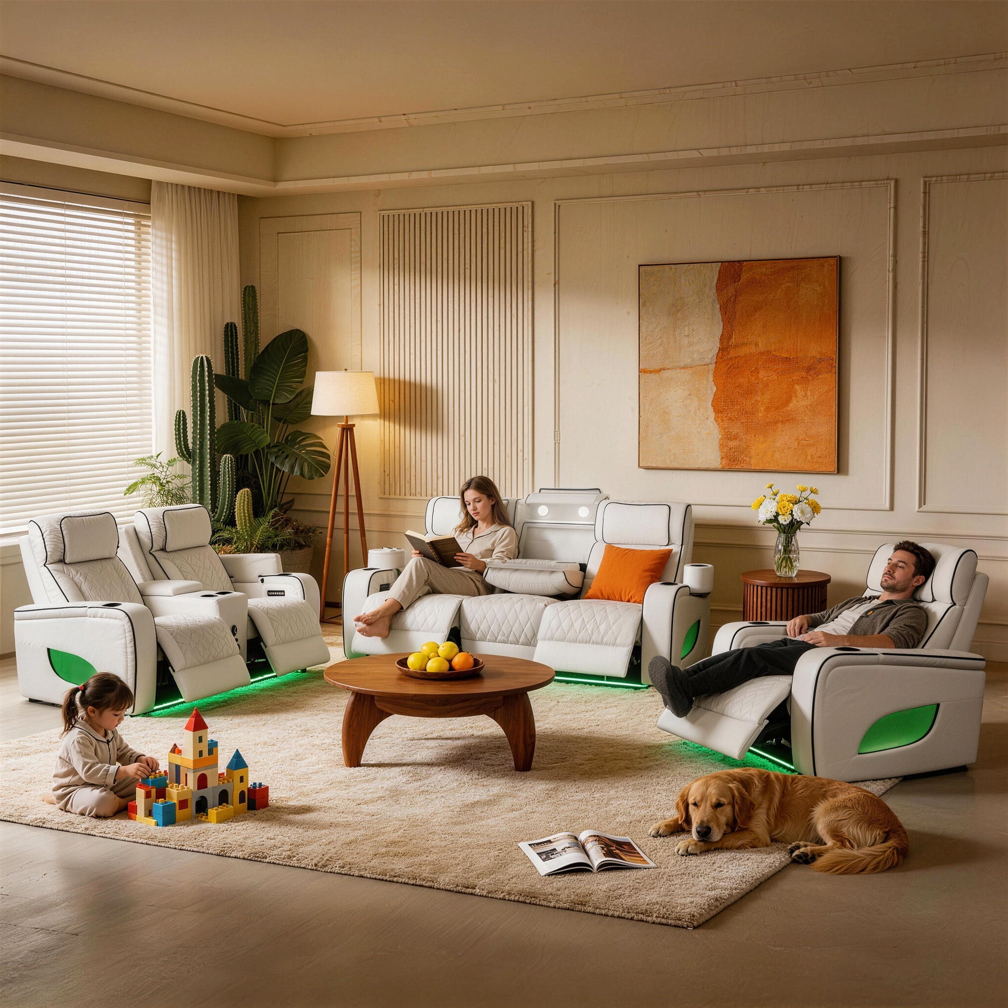Living room with people relaxing on power recliner sofa set, a child playing with toys, and a dog lying on the floor.