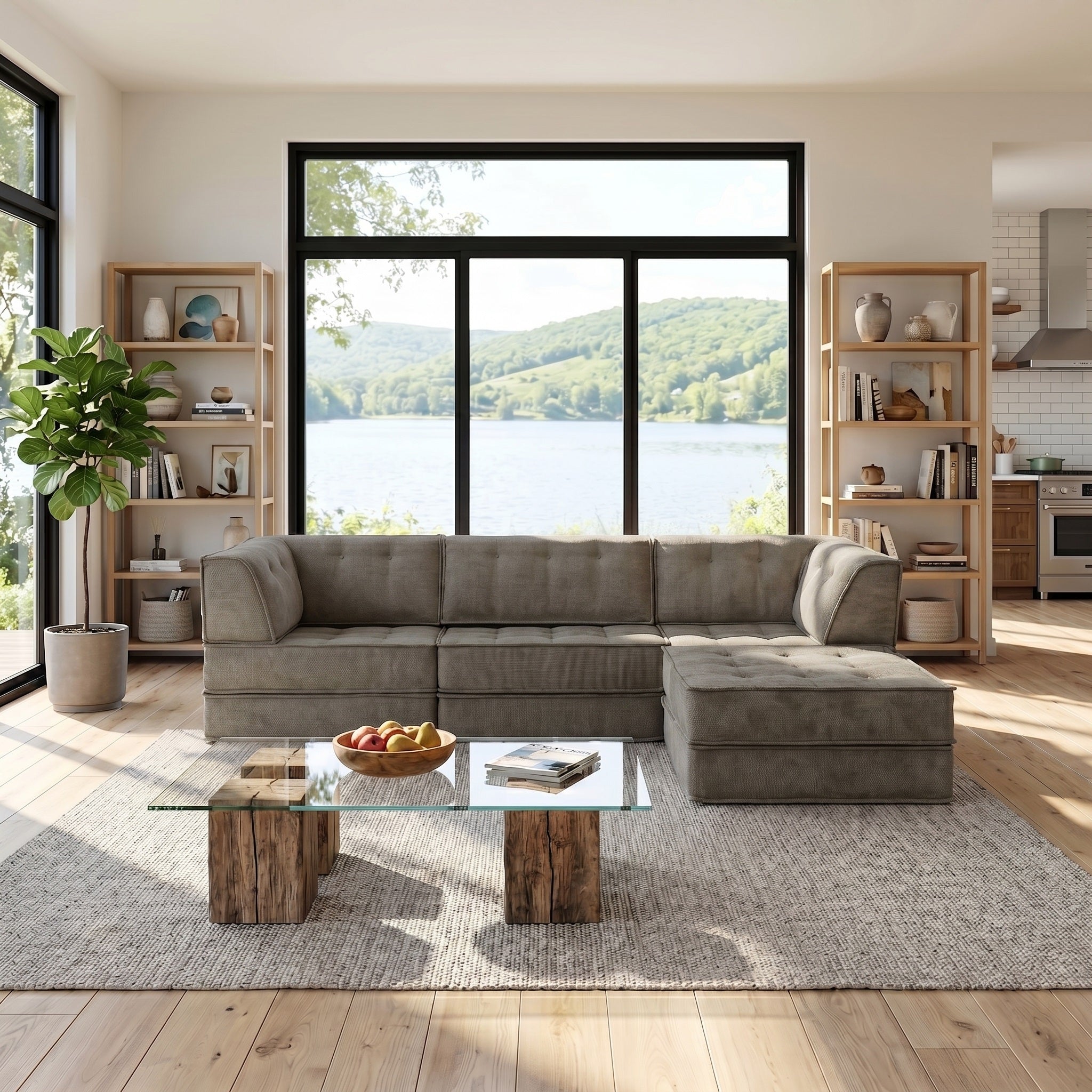 Three-person seat + footrest compressed sofa (Camel)
