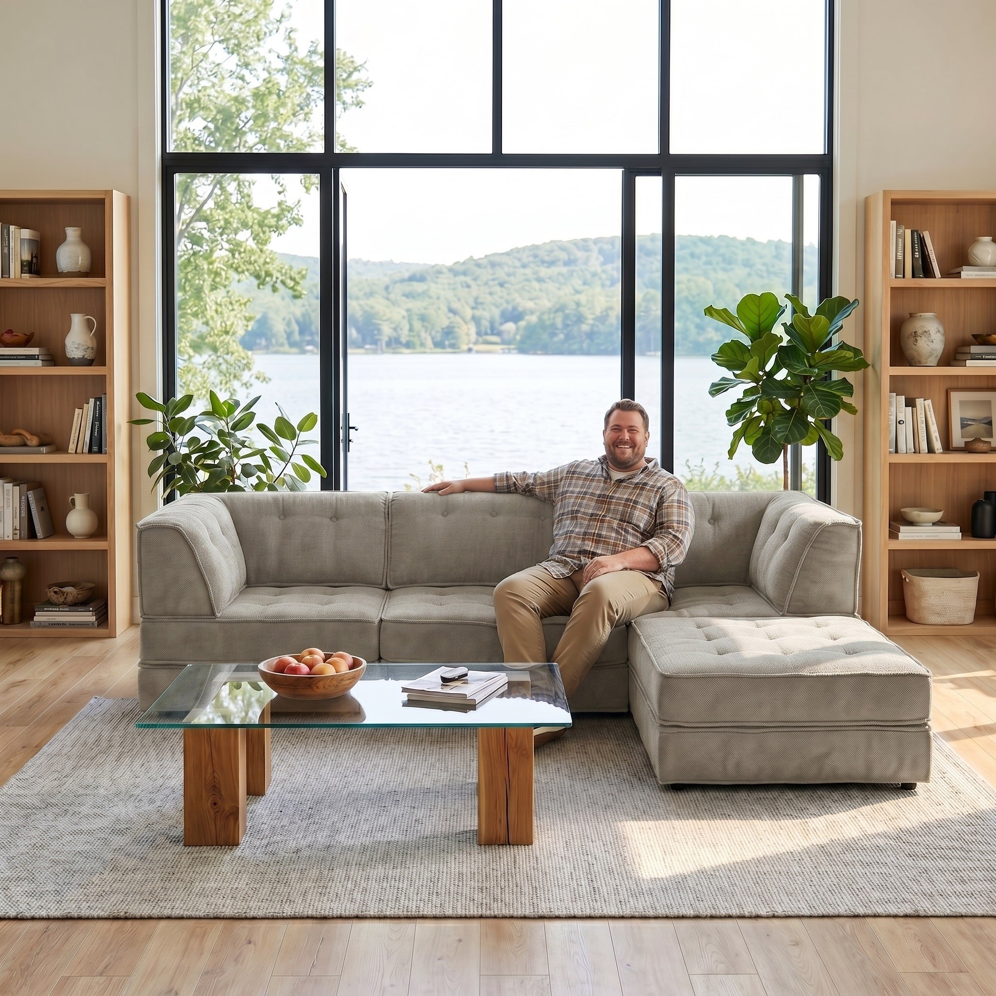 Three-person seat + footrest compressed sofa (Camel)