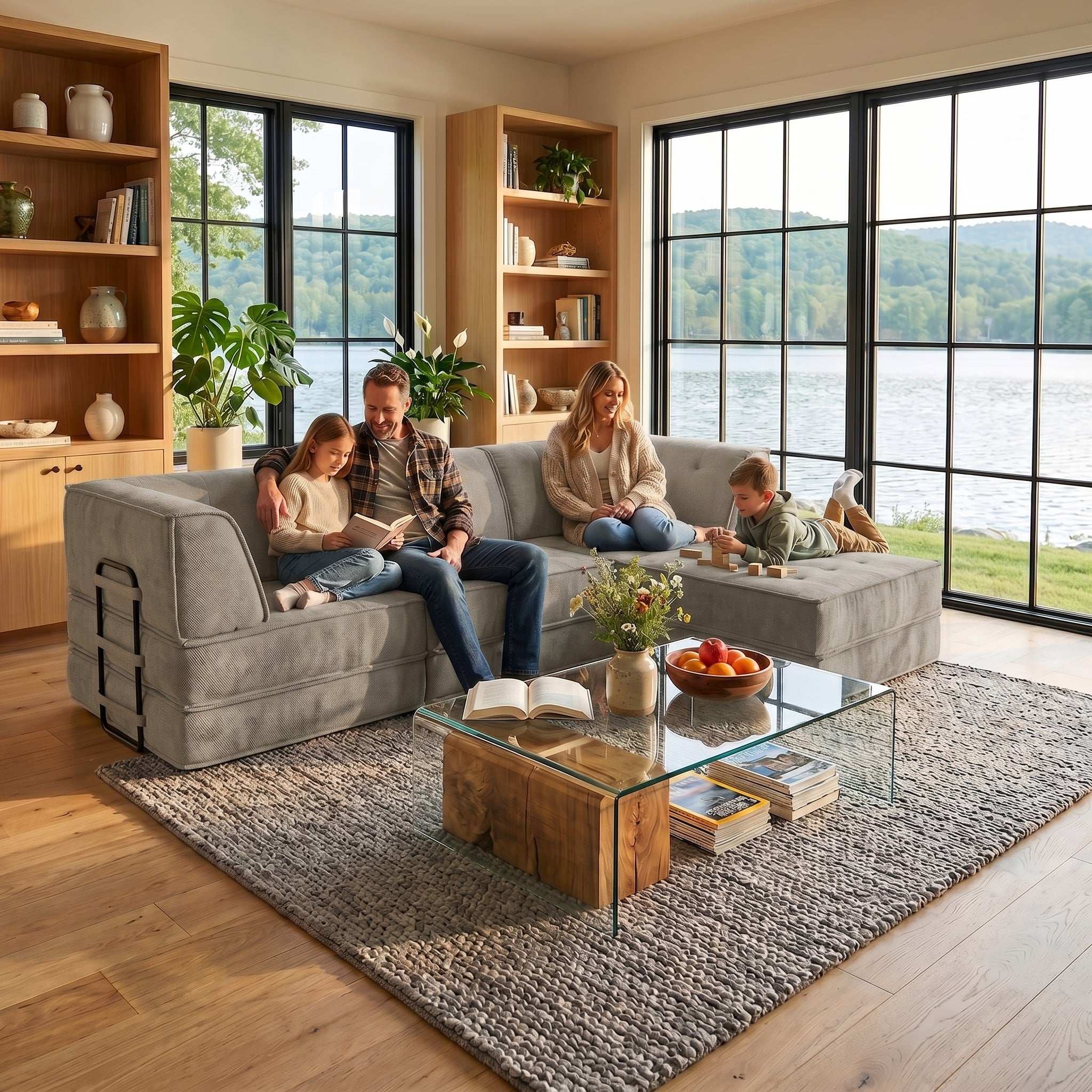 Family sitting on a camel modular L-shaped compressed sectional sofa in the living room.
