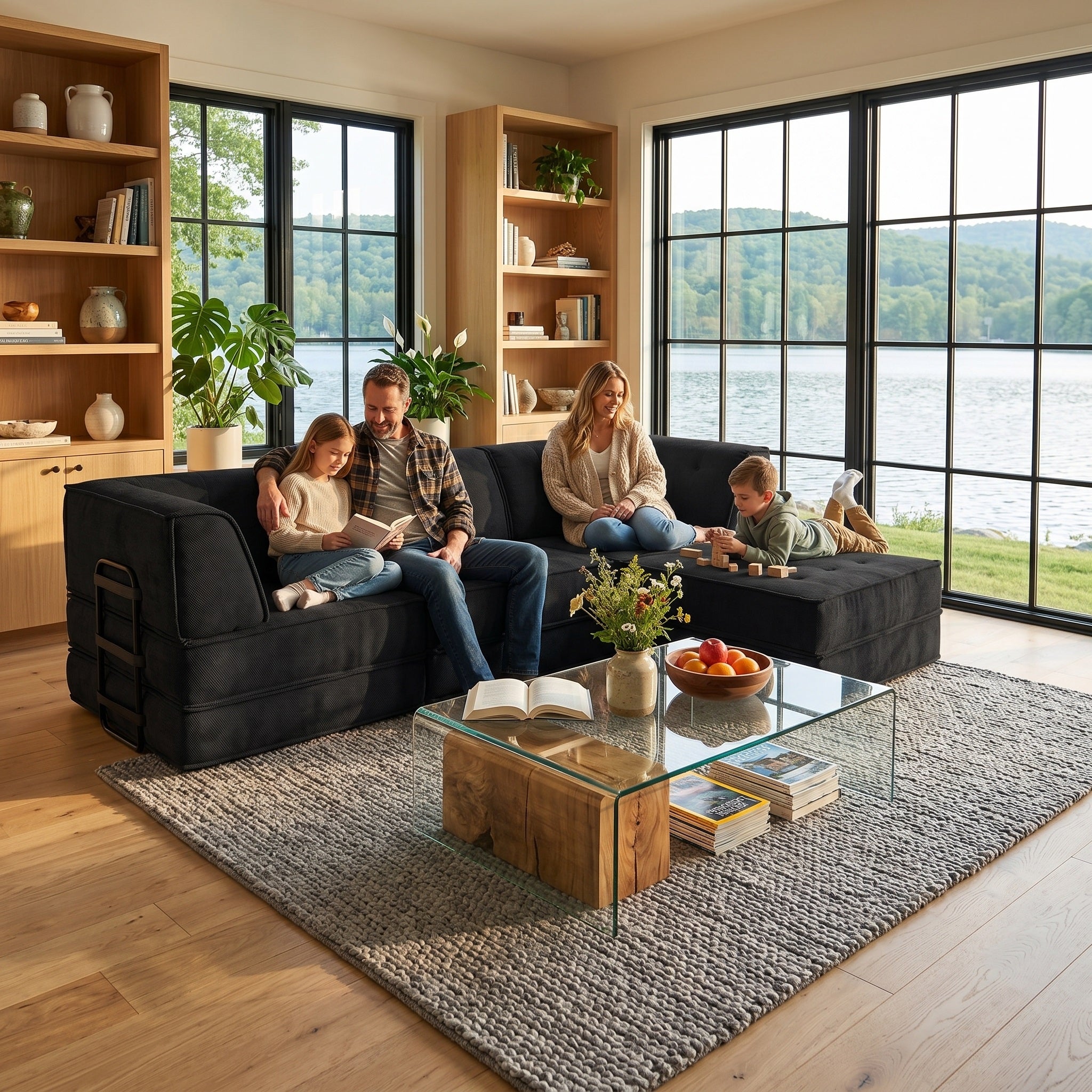 Three-person seat + footrest compressed sofa (Black)