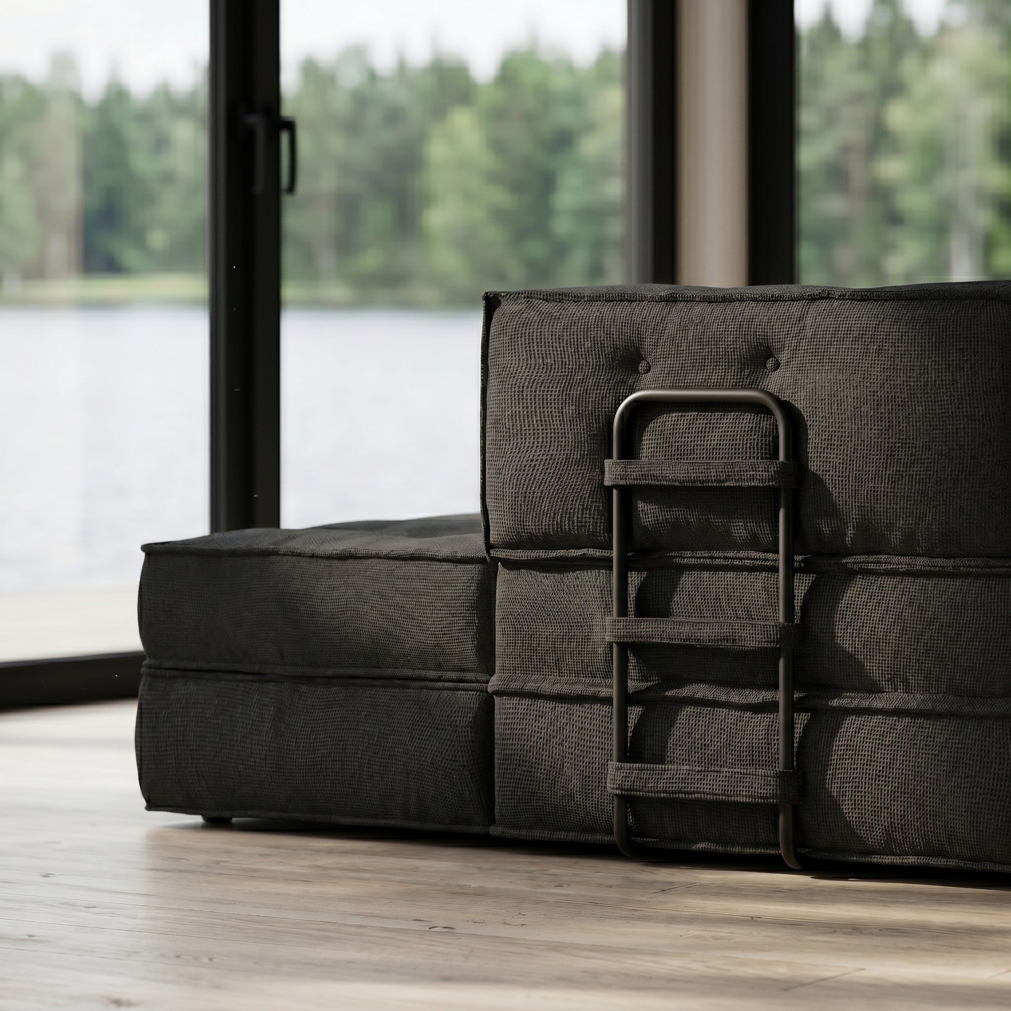 Three-person seat + footrest compressed sofa (Black)