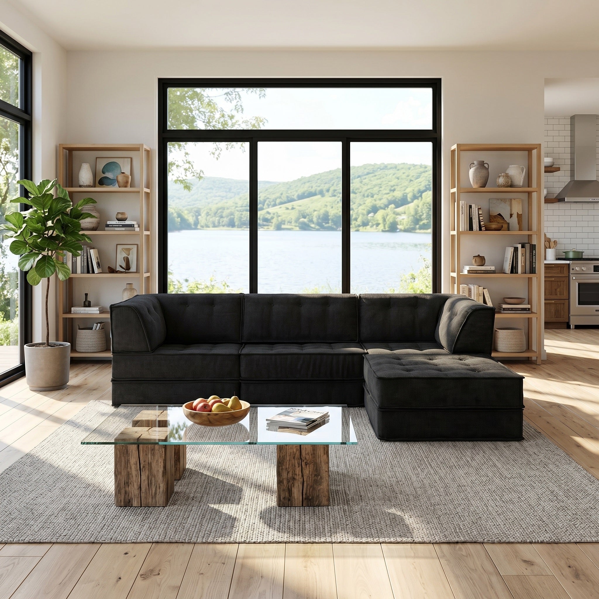 Three-person seat + footrest compressed sofa (Black)