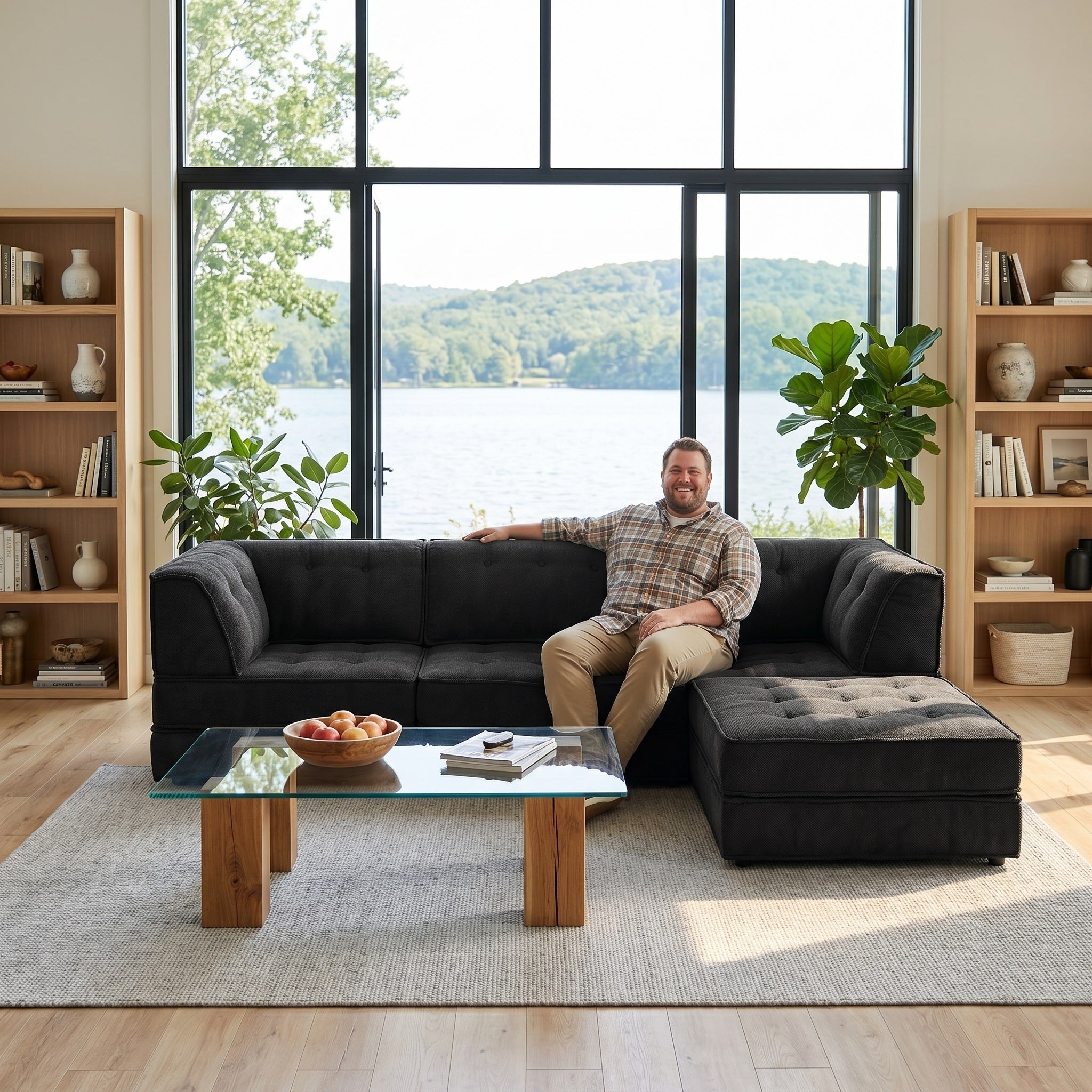 Three-person seat + footrest compressed sofa (Black)
