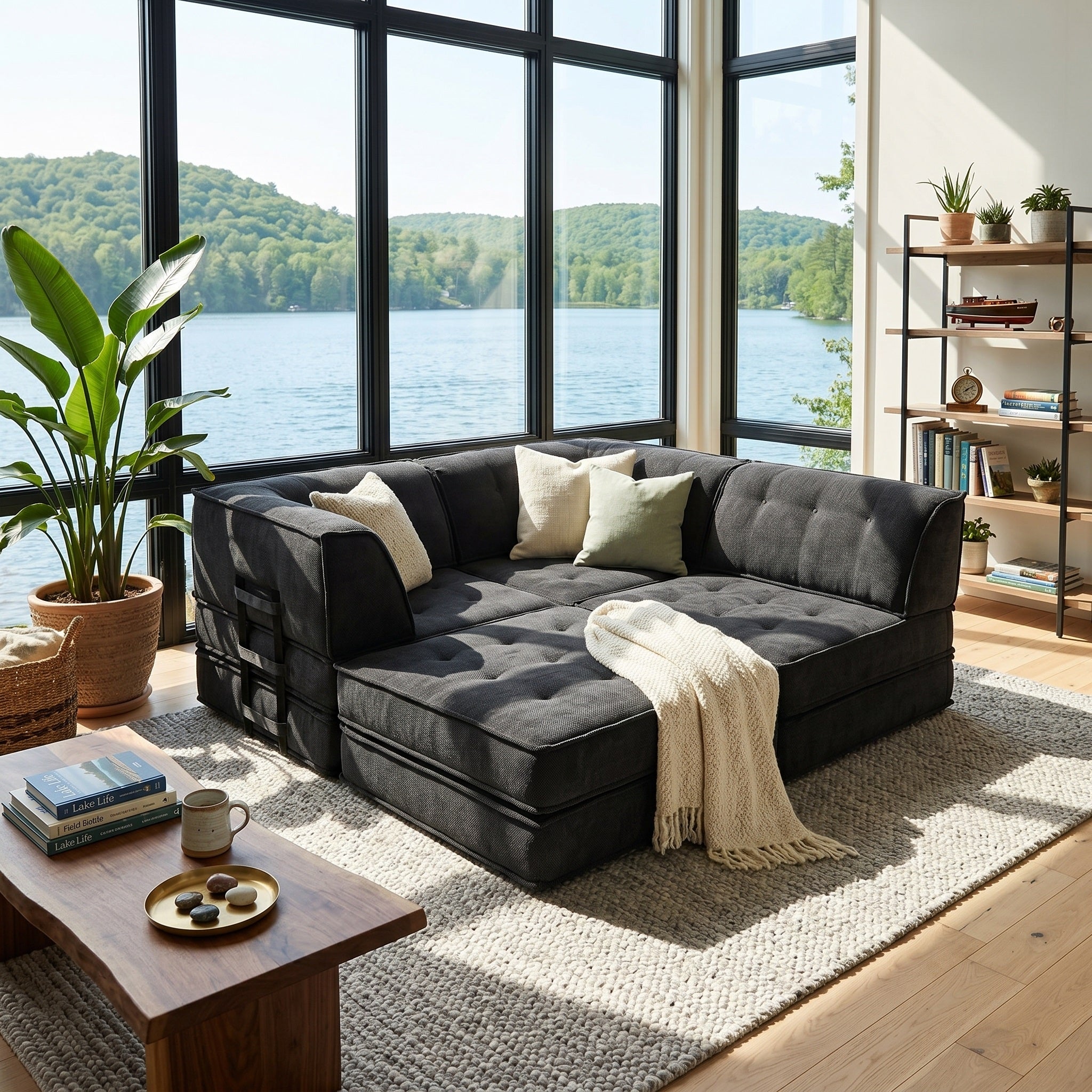 Three-person seat + footrest compressed sofa (Black)
