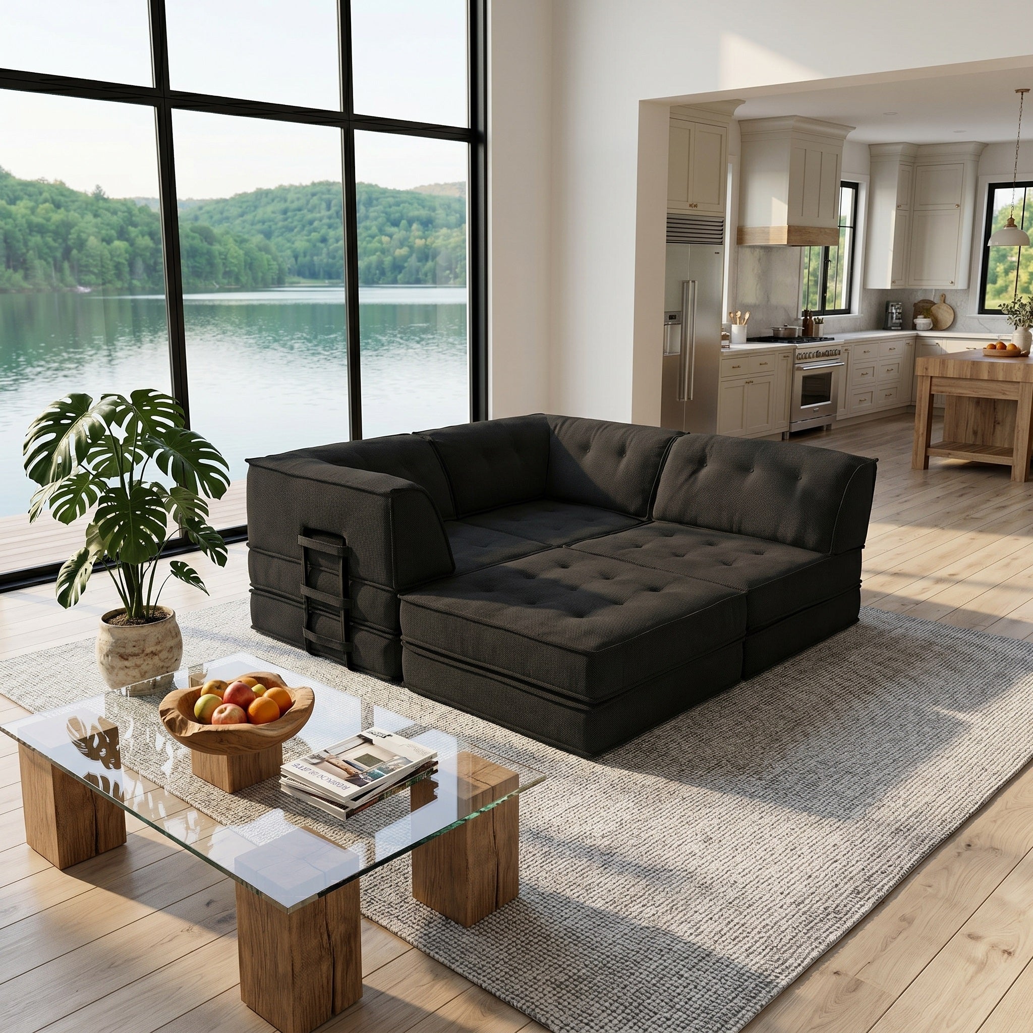Three-person seat + footrest compressed sofa (Black)