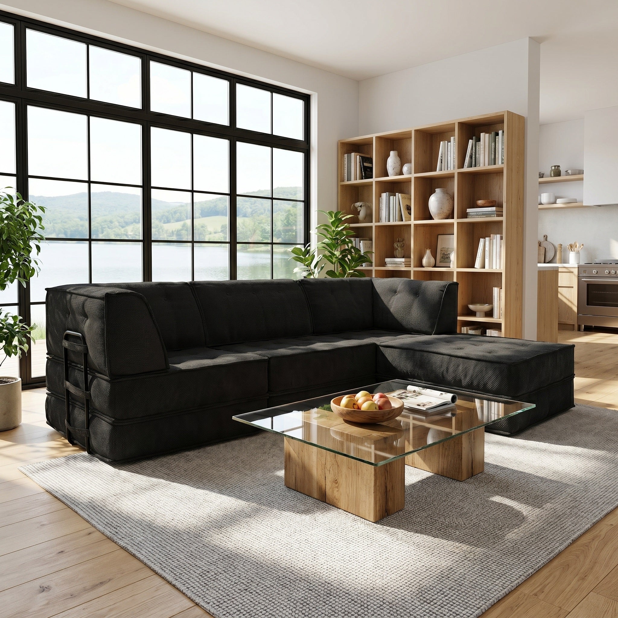 Three-person seat + footrest compressed sofa (Black)