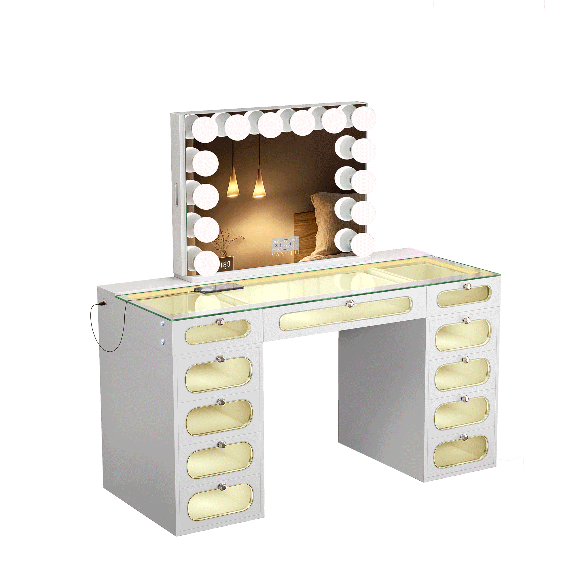 VANITII Priscilla Vanity Set with Hollywood Vanity Mirror Pro with Jewelry Cabinet