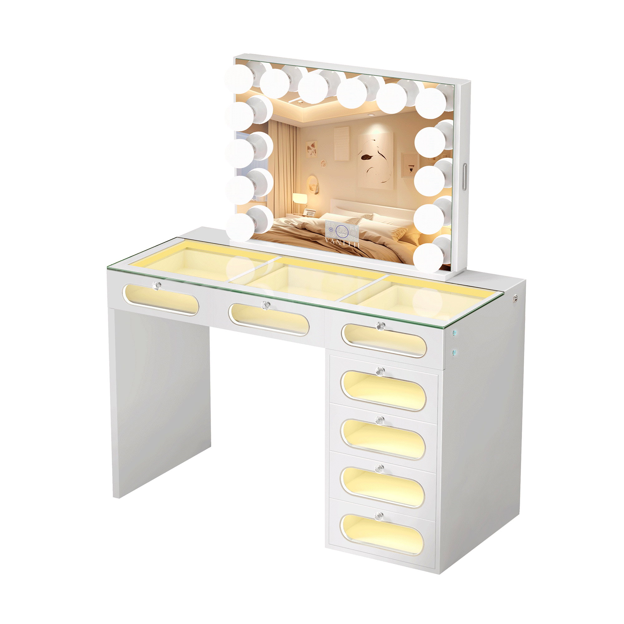 VANITII 7 Glass Fronted Drawers with Hollywood Vanity Mirror