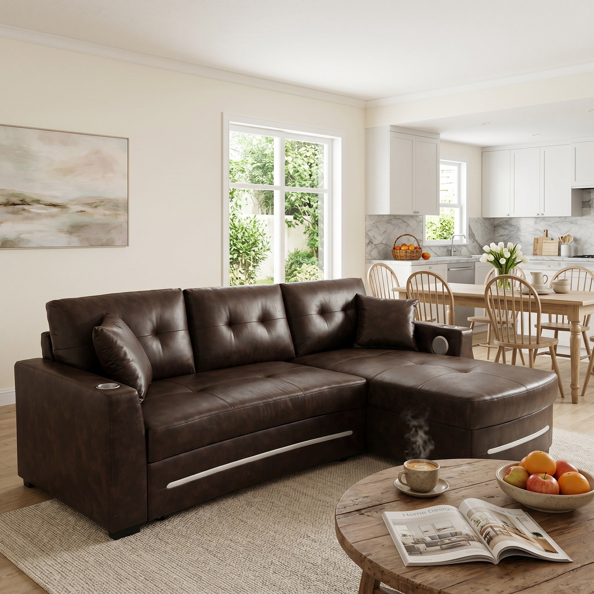 Modern L-Shaped Sectional Sofa Bed with Storage & Pull-Out Bed – Brown Fabric Right Chaise