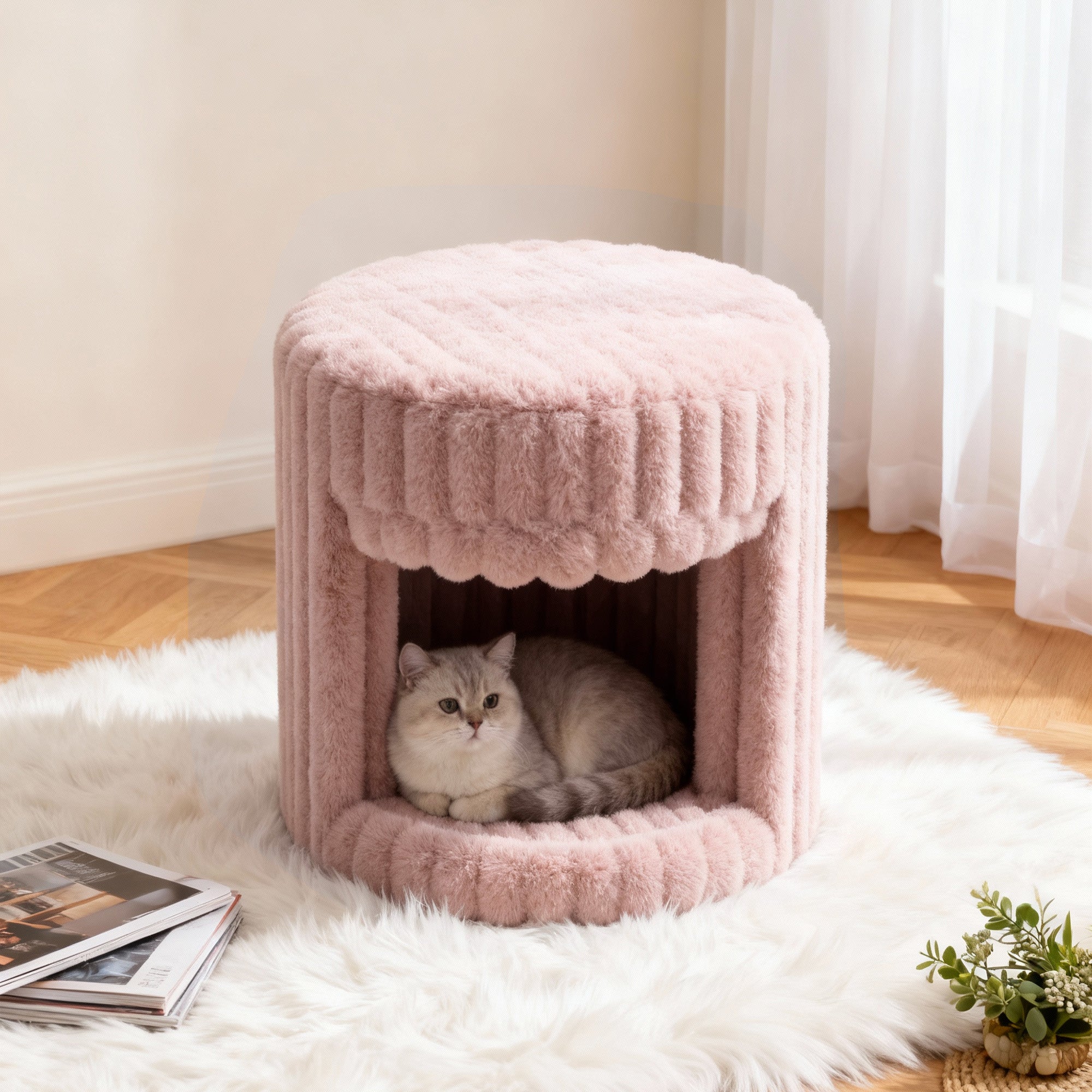 In the VANITII Pink Rabbit Hair Cat Bed, there is a little cat lying inside.It is placed in the bedroom,being both beautiful and practical.